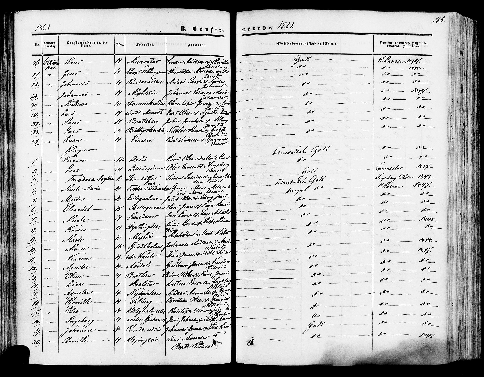 Vang prestekontor, Hedmark, SAH/PREST-008/H/Ha/Haa/L0013: Parish register (official) no. 13, 1855-1879, p. 165