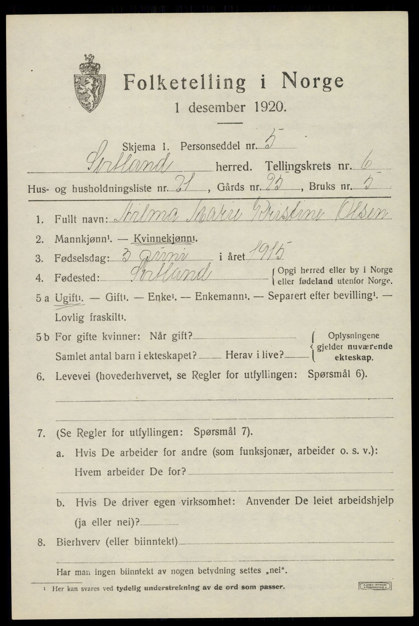 SAT, 1920 census for Sortland, 1920, p. 6504