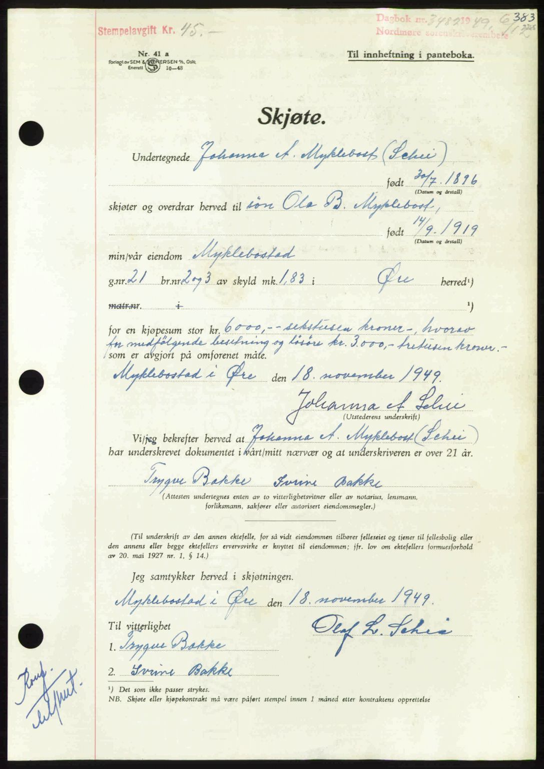 Nordmøre sorenskriveri, AV/SAT-A-4132/1/2/2Ca: Mortgage book no. A113, 1949-1950, Diary no: : 3482/1949