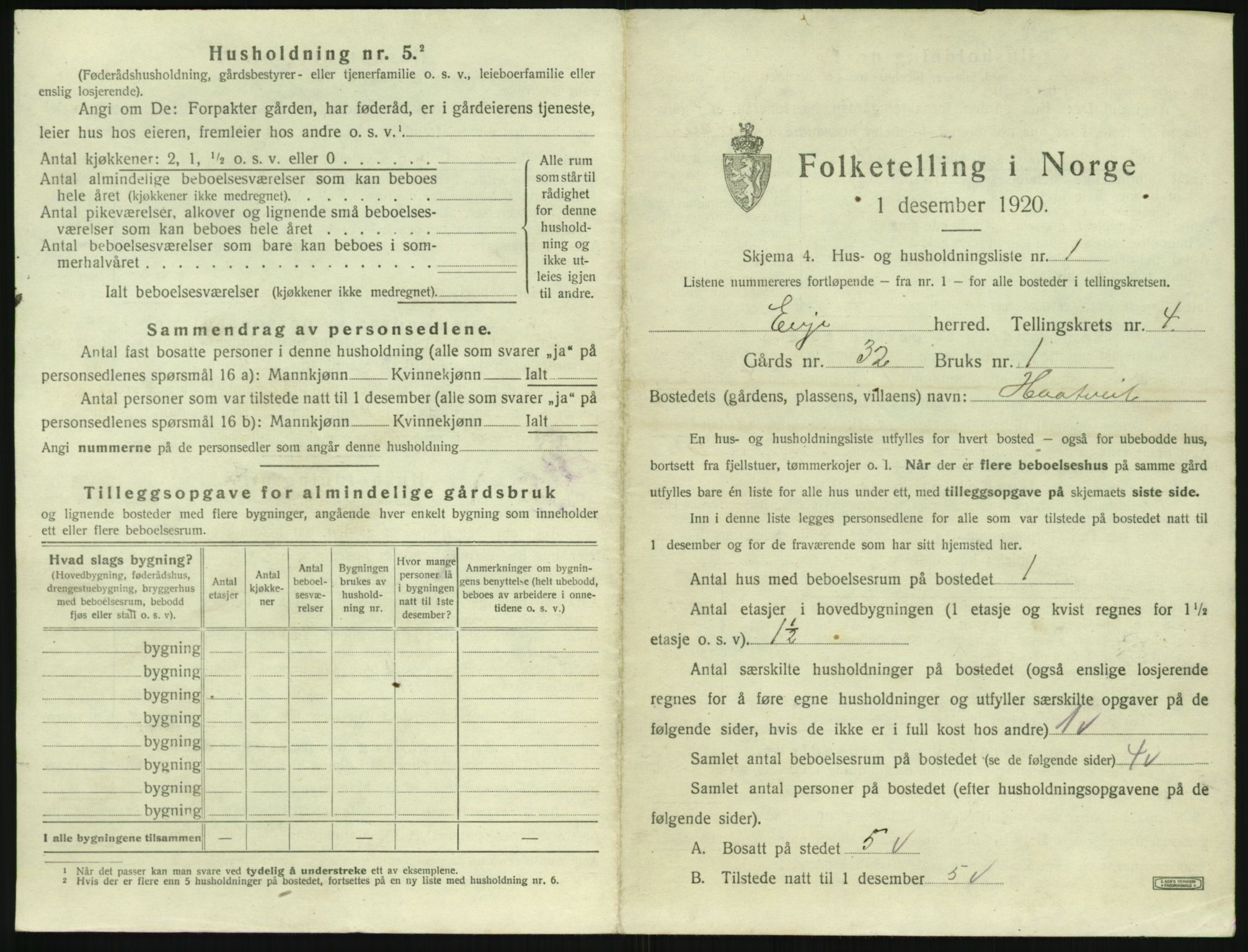 SAK, 1920 census for Evje, 1920, p. 162