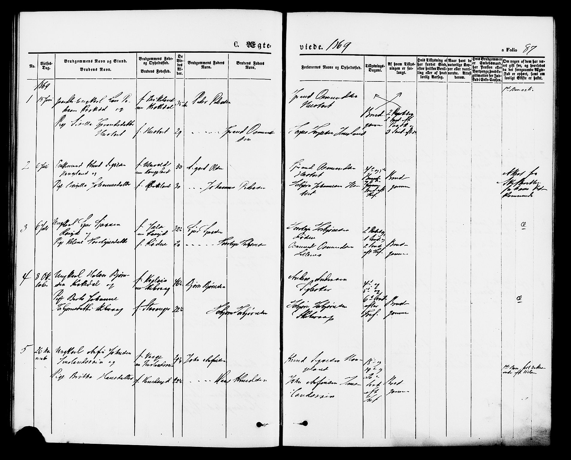 Vikedal sokneprestkontor, AV/SAST-A-101840/01/IV: Parish register (official) no. A 9, 1868-1885, p. 87