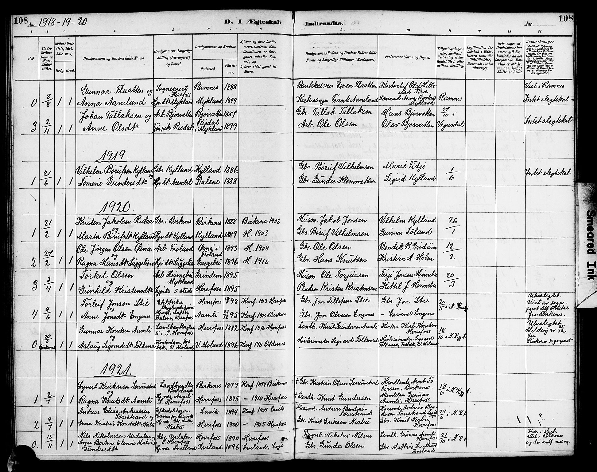 Herefoss sokneprestkontor, SAK/1111-0019/F/Fb/Fba/L0003: Parish register (copy) no. B 3, 1887-1925, p. 108