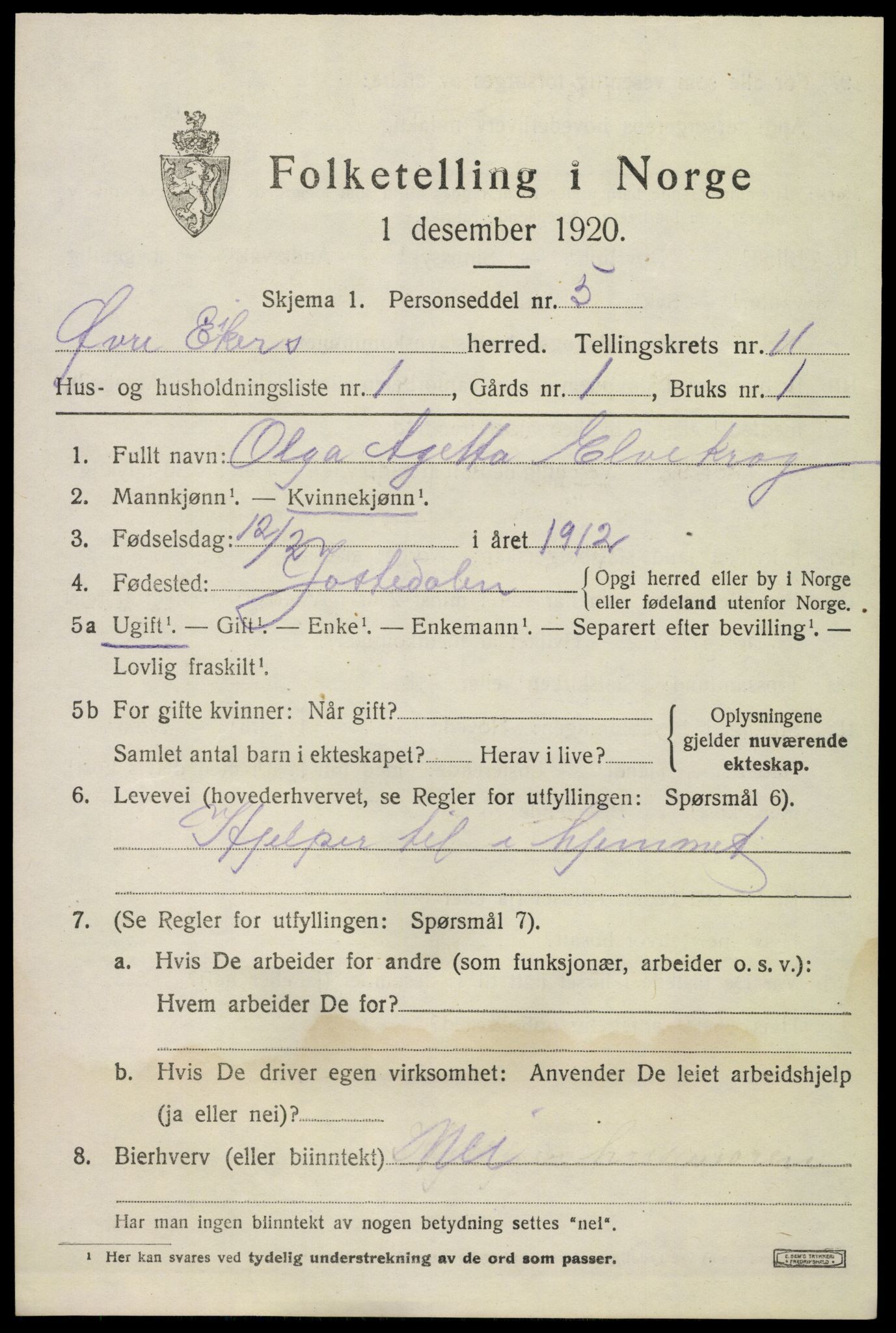 SAKO, 1920 census for Øvre Eiker, 1920, p. 17342