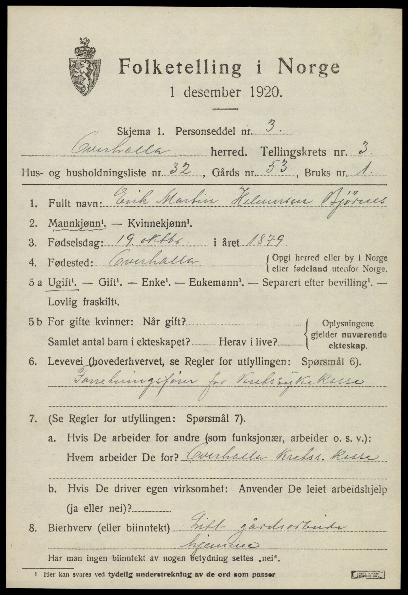 SAT, 1920 census for Overhalla, 1920, p. 2418