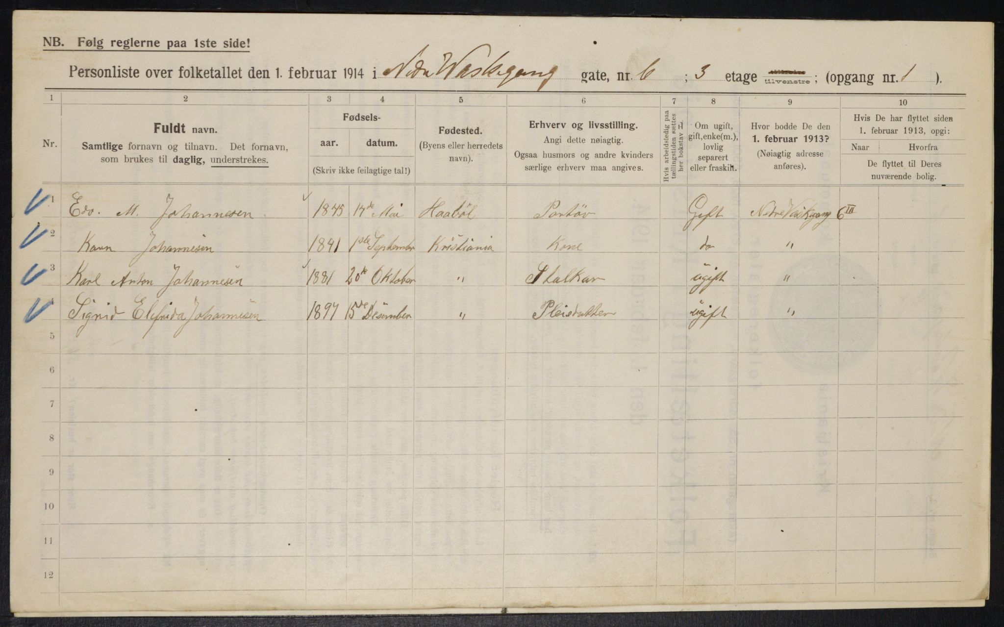 OBA, Municipal Census 1914 for Kristiania, 1914, p. 69546