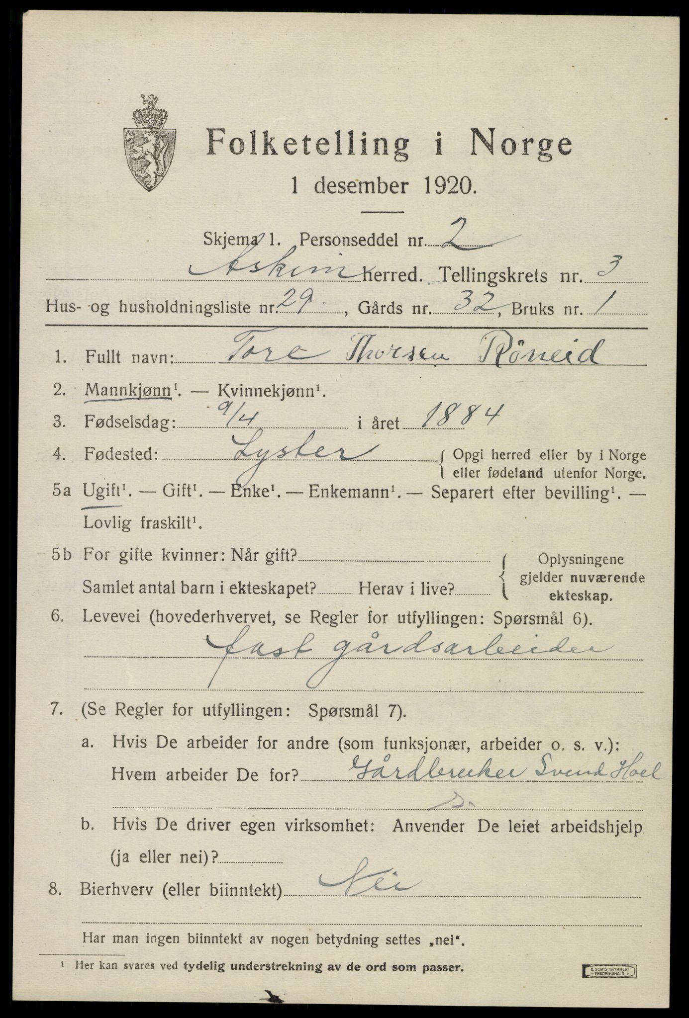 SAO, 1920 census for Askim, 1920, p. 7119