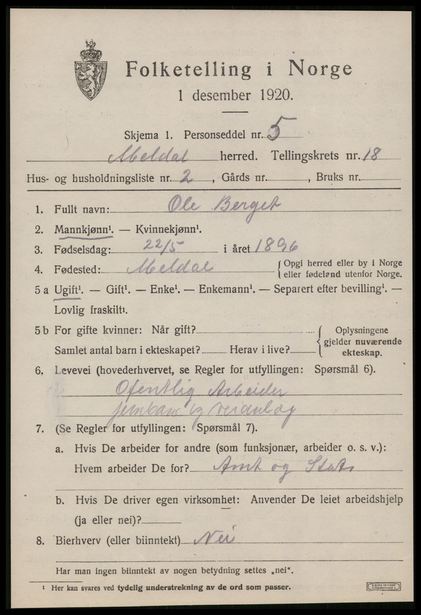 SAT, 1920 census for Meldal, 1920, p. 11349