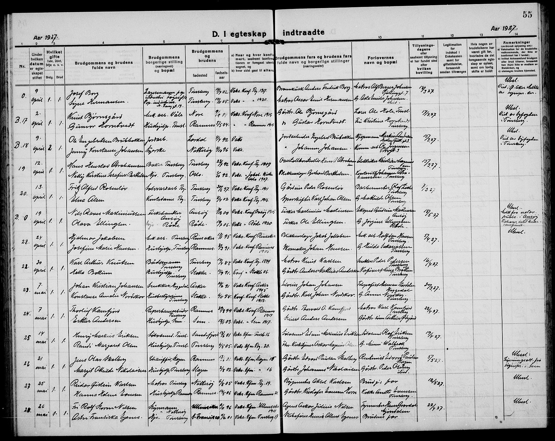 Tønsberg kirkebøker, AV/SAKO-A-330/G/Ga/L0016: Parish register (copy) no. 16, 1920-1933, p. 55