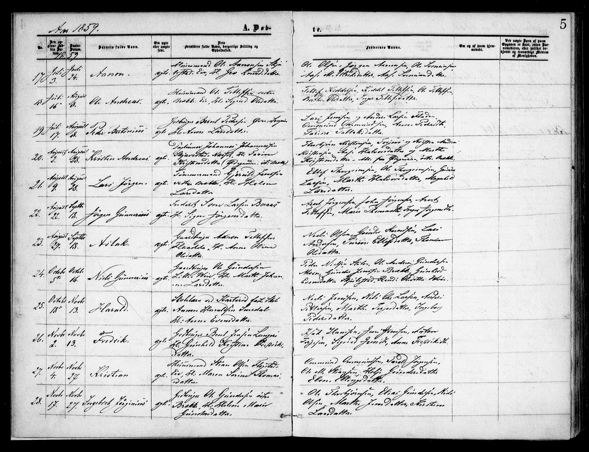 Austre Moland sokneprestkontor, SAK/1111-0001/F/Fa/Faa/L0008: Parish register (official) no. A 8, 1858-1868, p. 5