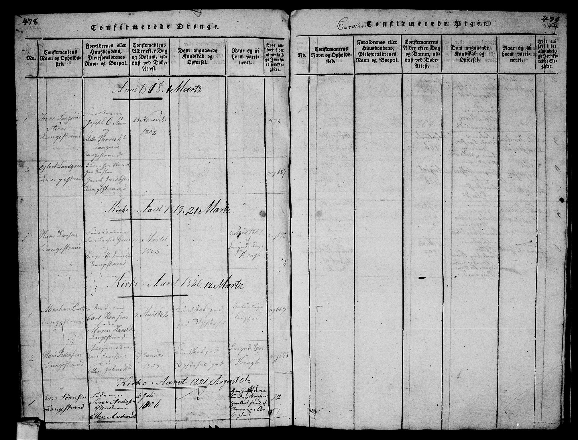 Larvik kirkebøker, AV/SAKO-A-352/G/Gb/L0001: Parish register (copy) no. II 1, 1818-1843, p. 478-479