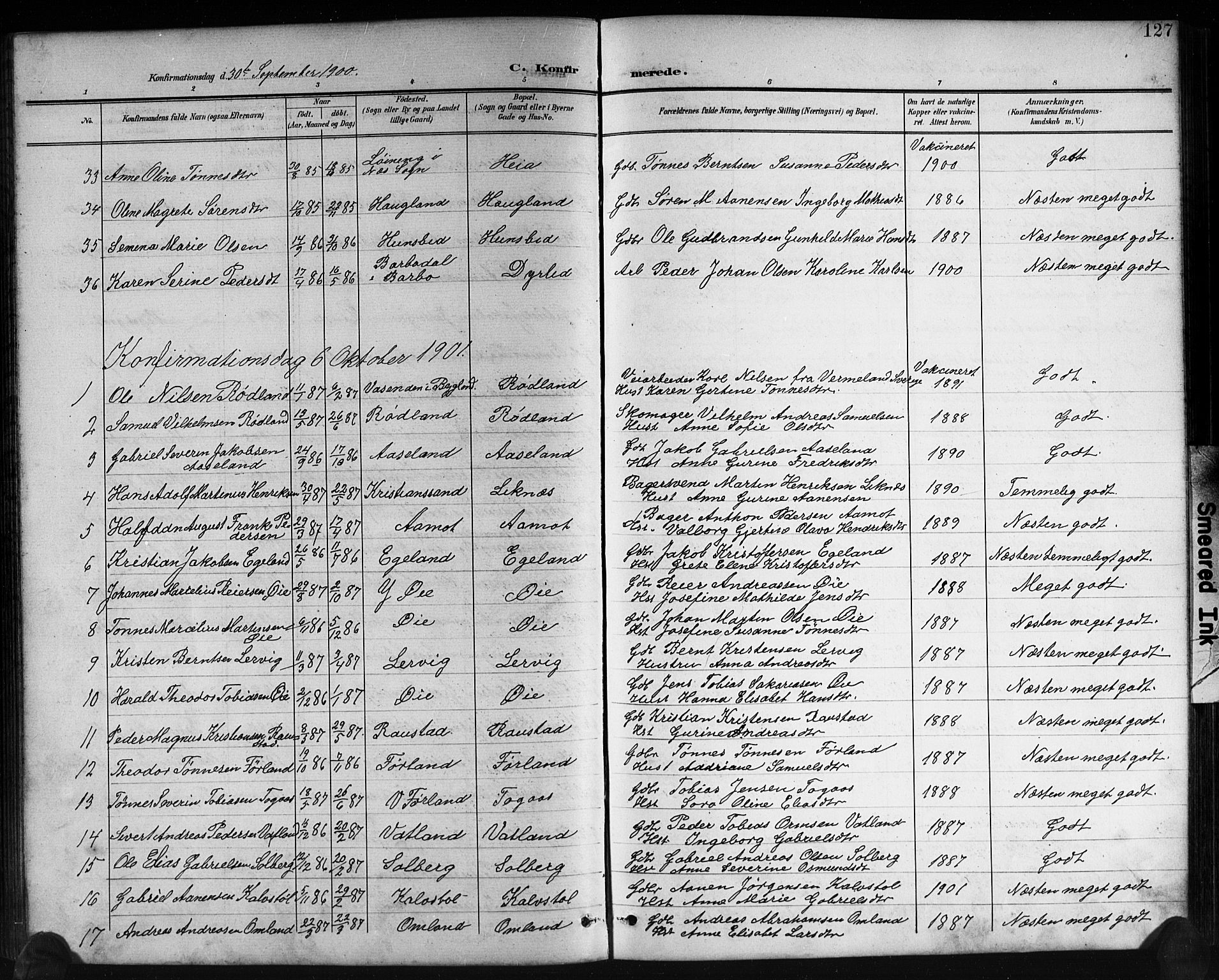 Kvinesdal sokneprestkontor, SAK/1111-0026/F/Fb/Fbb/L0003: Parish register (copy) no. B 3, 1898-1916, p. 127