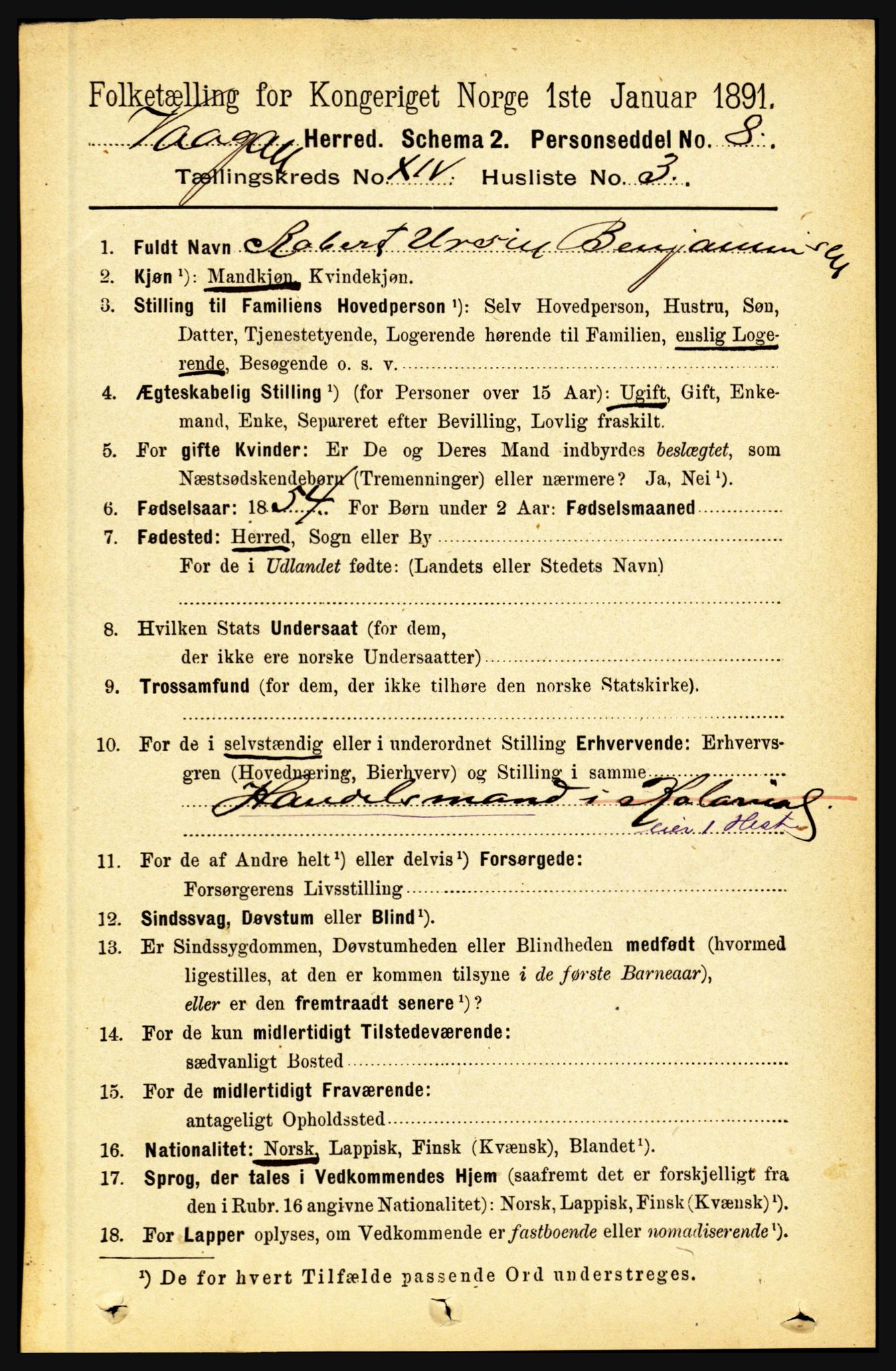 RA, 1891 census for 1865 Vågan, 1891, p. 3674