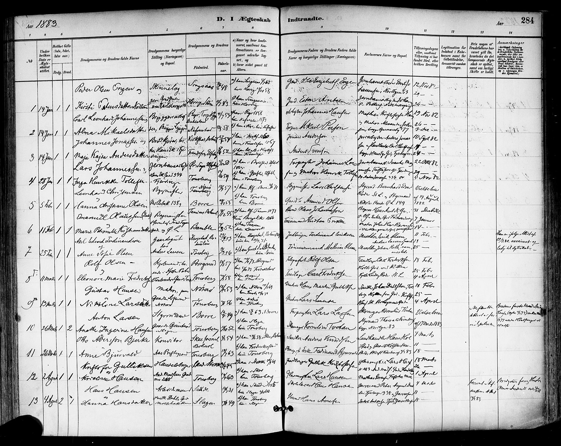 Tønsberg kirkebøker, SAKO/A-330/F/Fa/L0011: Parish register (official) no. I 11, 1881-1890, p. 284