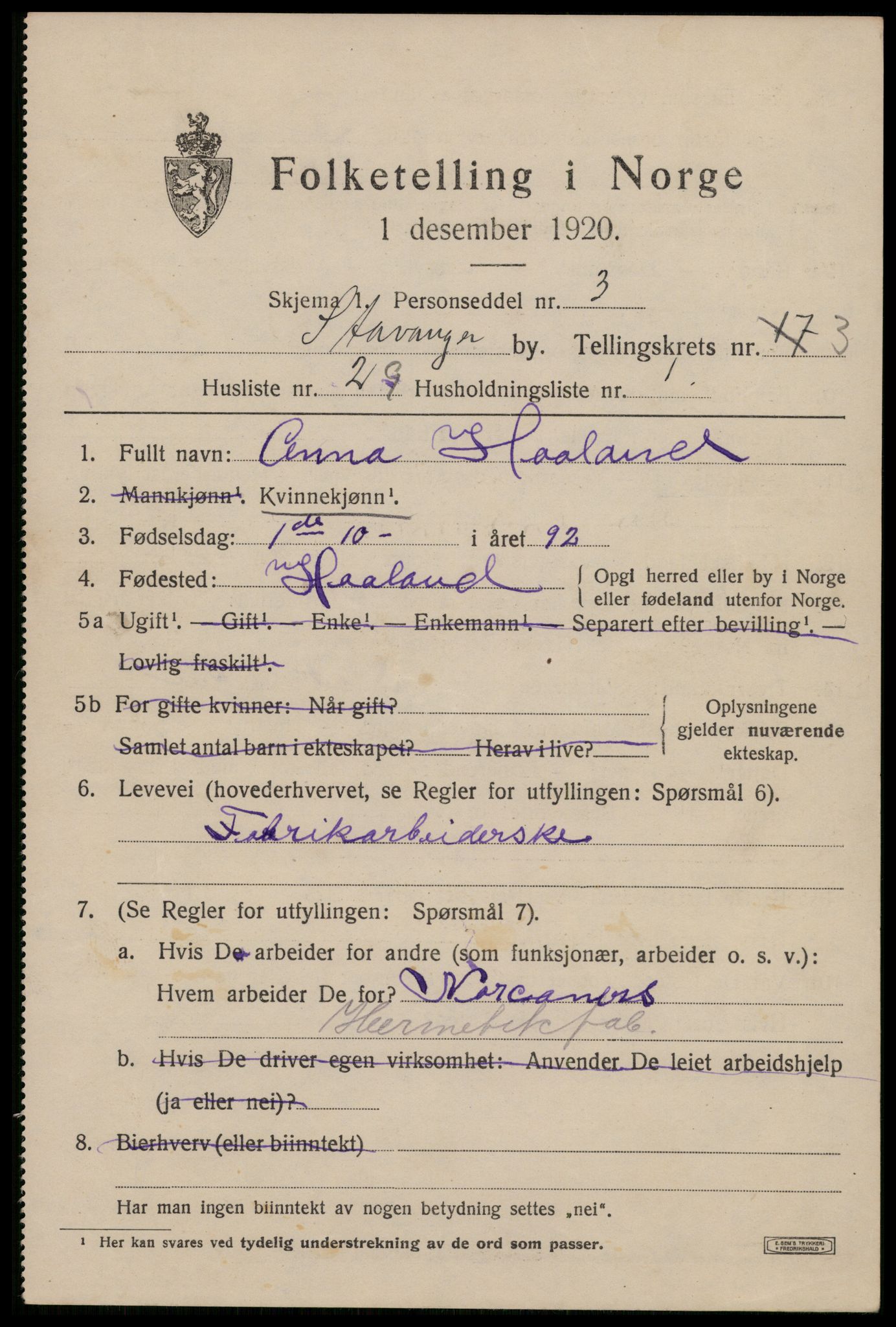 SAST, 1920 census for Stavanger, 1920, p. 35890