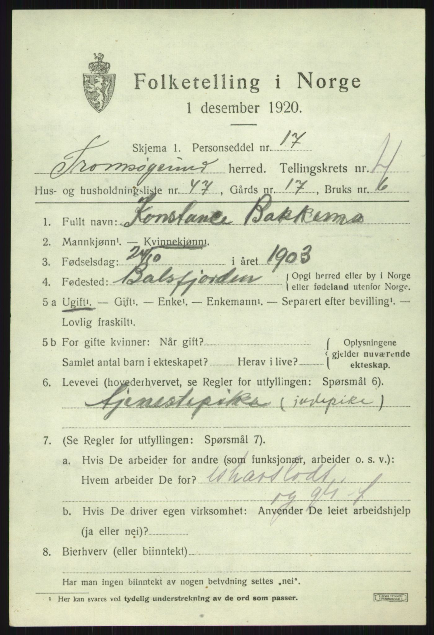 SATØ, 1920 census for Tromsøysund, 1920, p. 3836