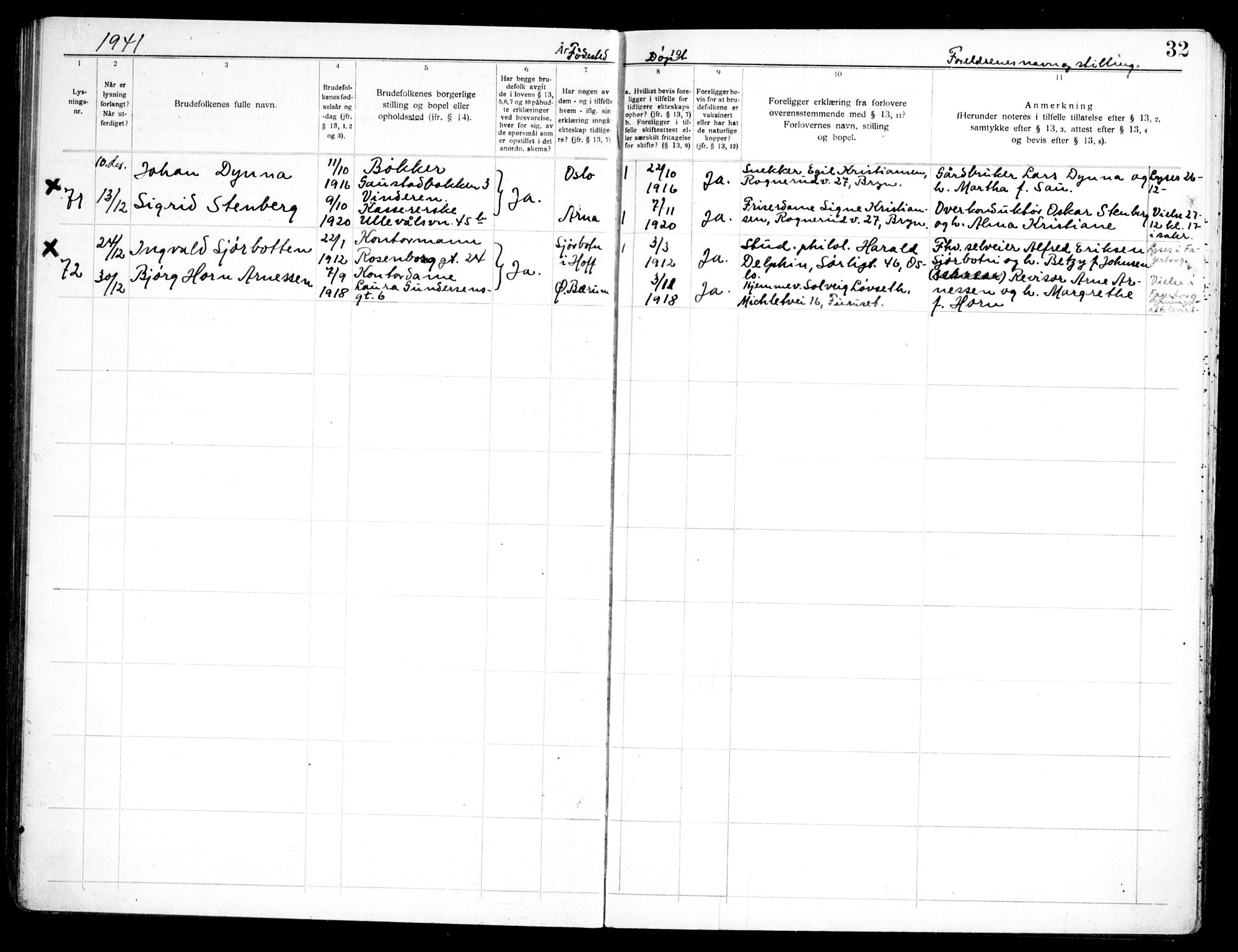 Markus prestekontor Kirkebøker, SAO/A-10830/H/L0002: Banns register no. 2, 1937-1954, p. 32