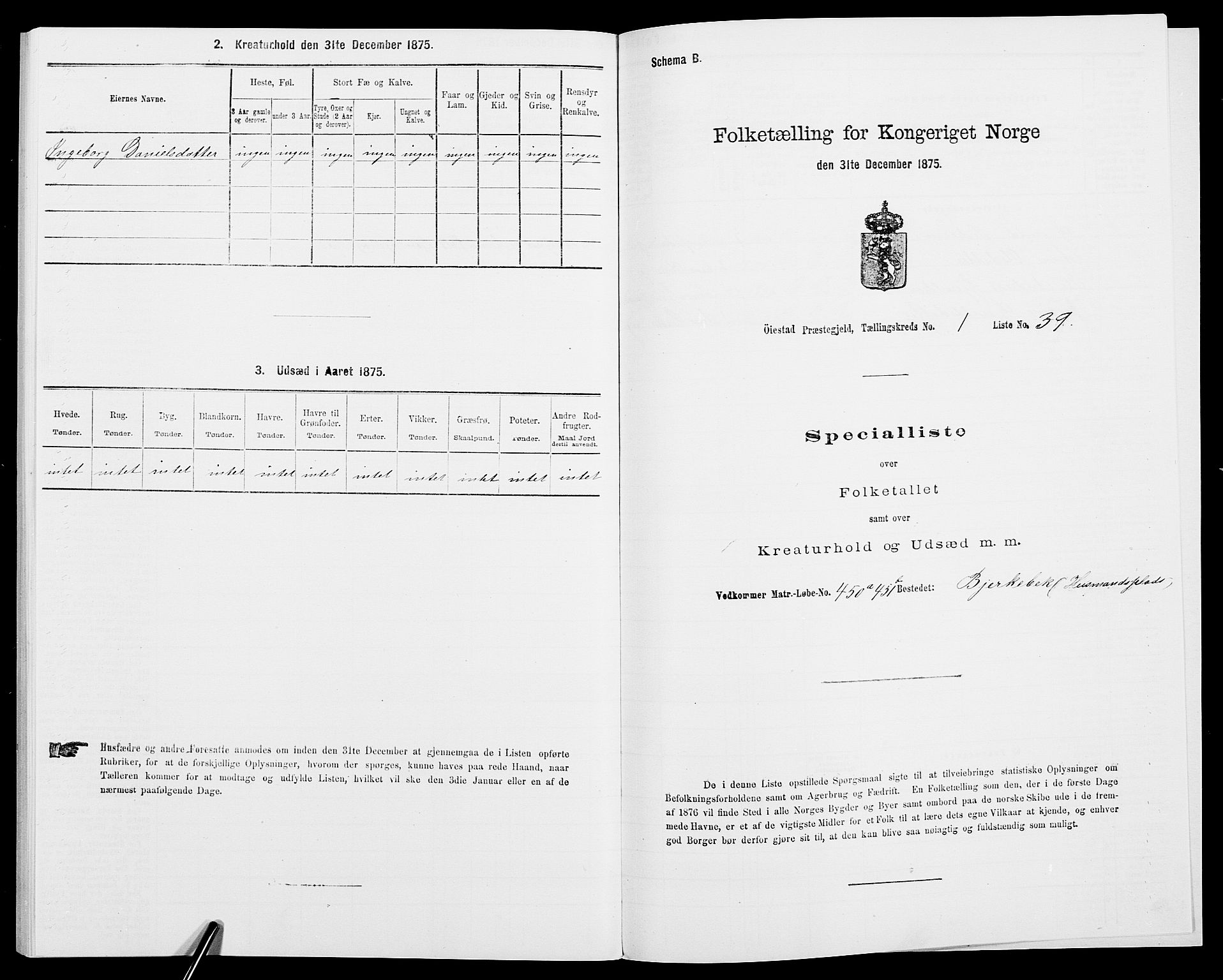 SAK, 1875 census for 0920P Øyestad, 1875, p. 134