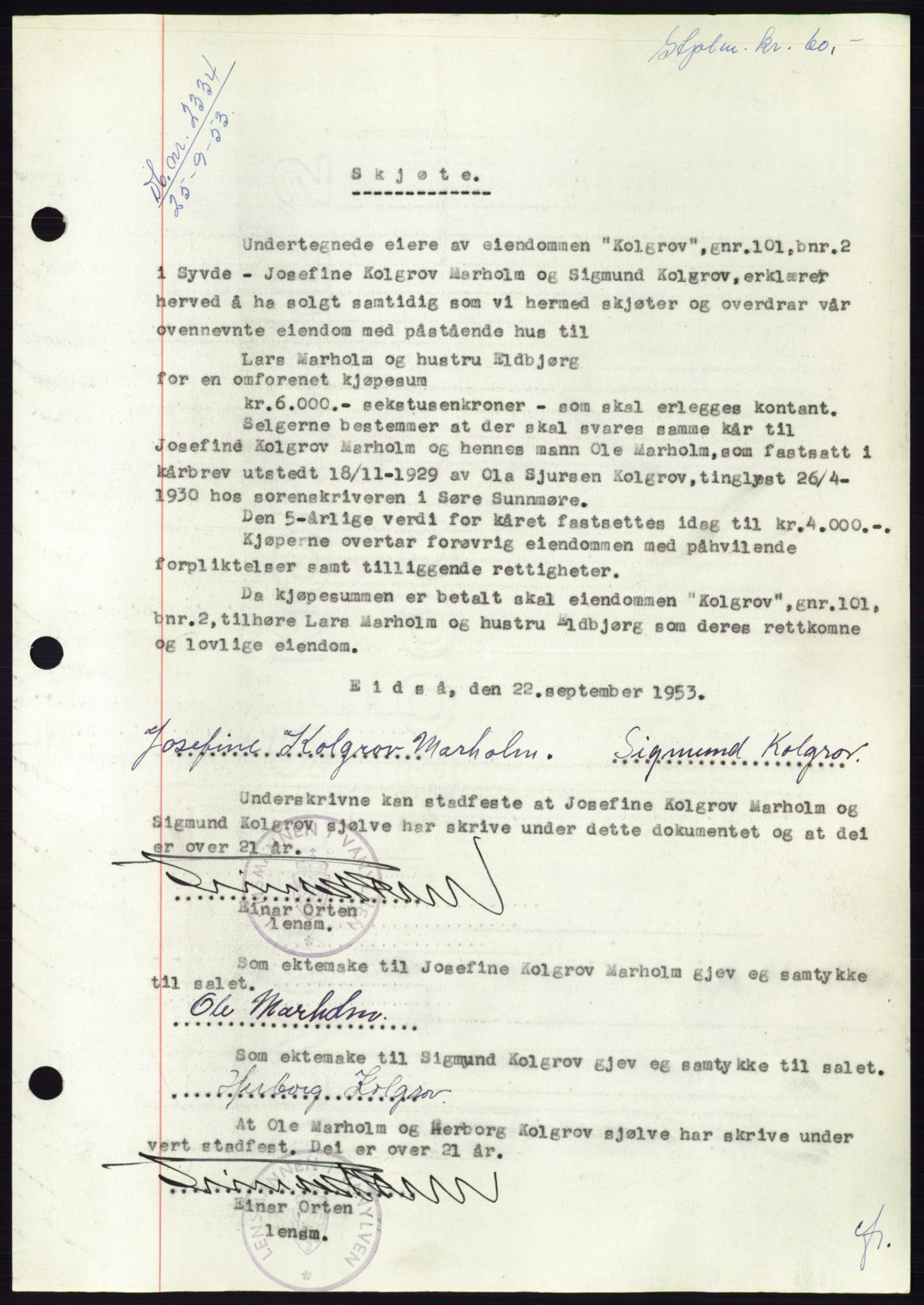 Søre Sunnmøre sorenskriveri, AV/SAT-A-4122/1/2/2C/L0095: Mortgage book no. 21A, 1953-1953, Diary no: : 2334/1953