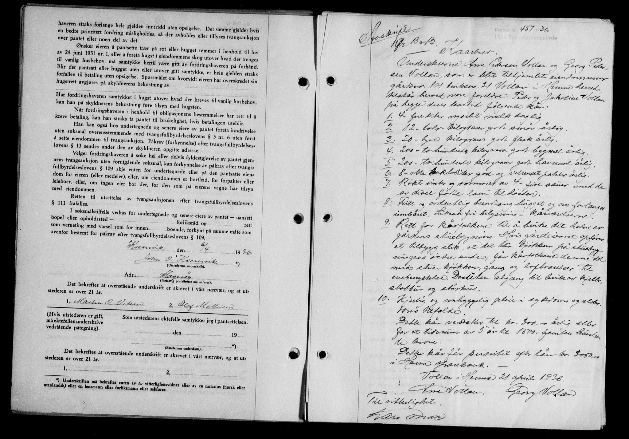 Hitra sorenskriveri, AV/SAT-A-0018/2/2C/2Ca/L0028: Mortgage book no. B-1, 1936-1939, Diary no: : 457/1936