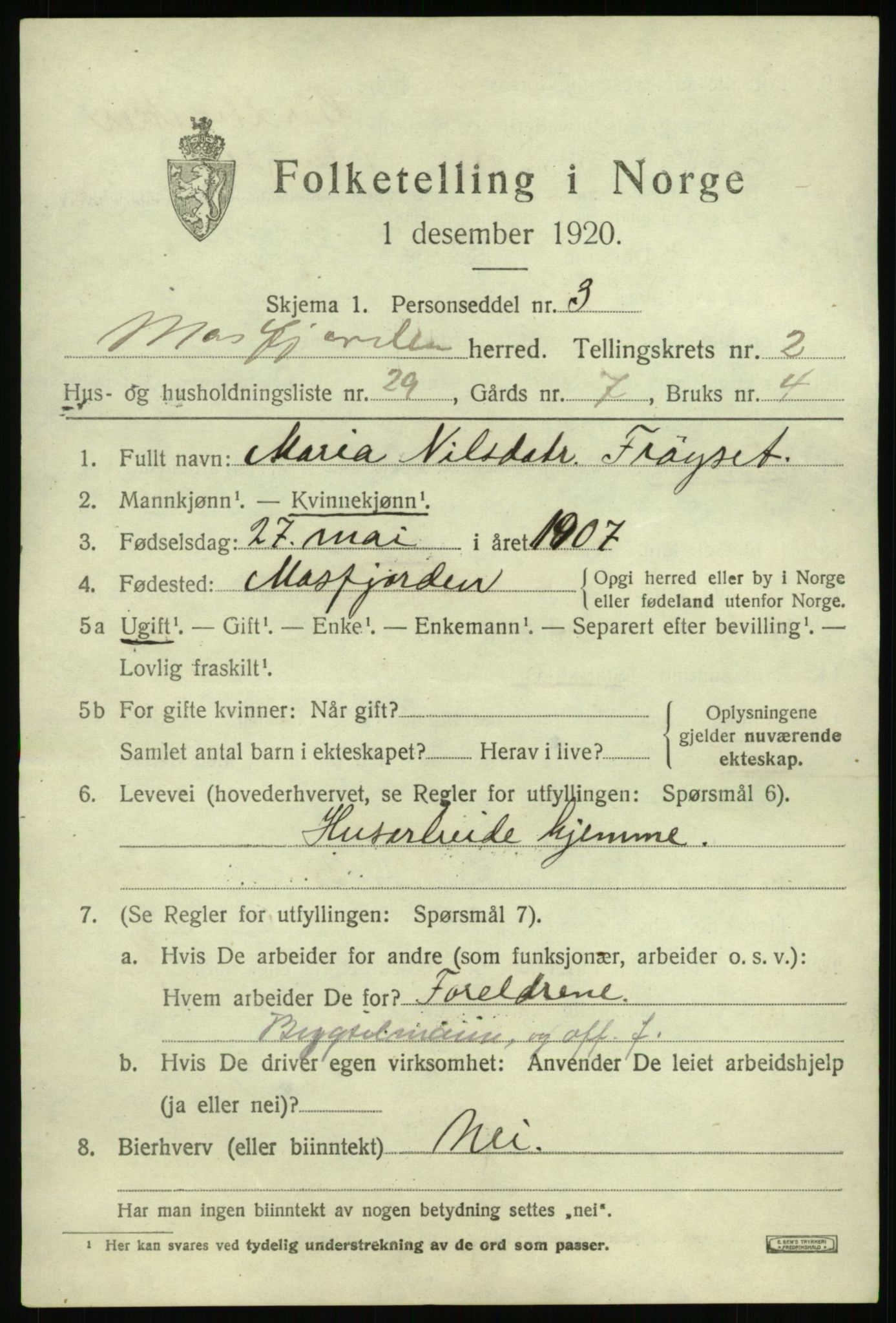 SAB, 1920 census for Masfjorden, 1920, p. 1381