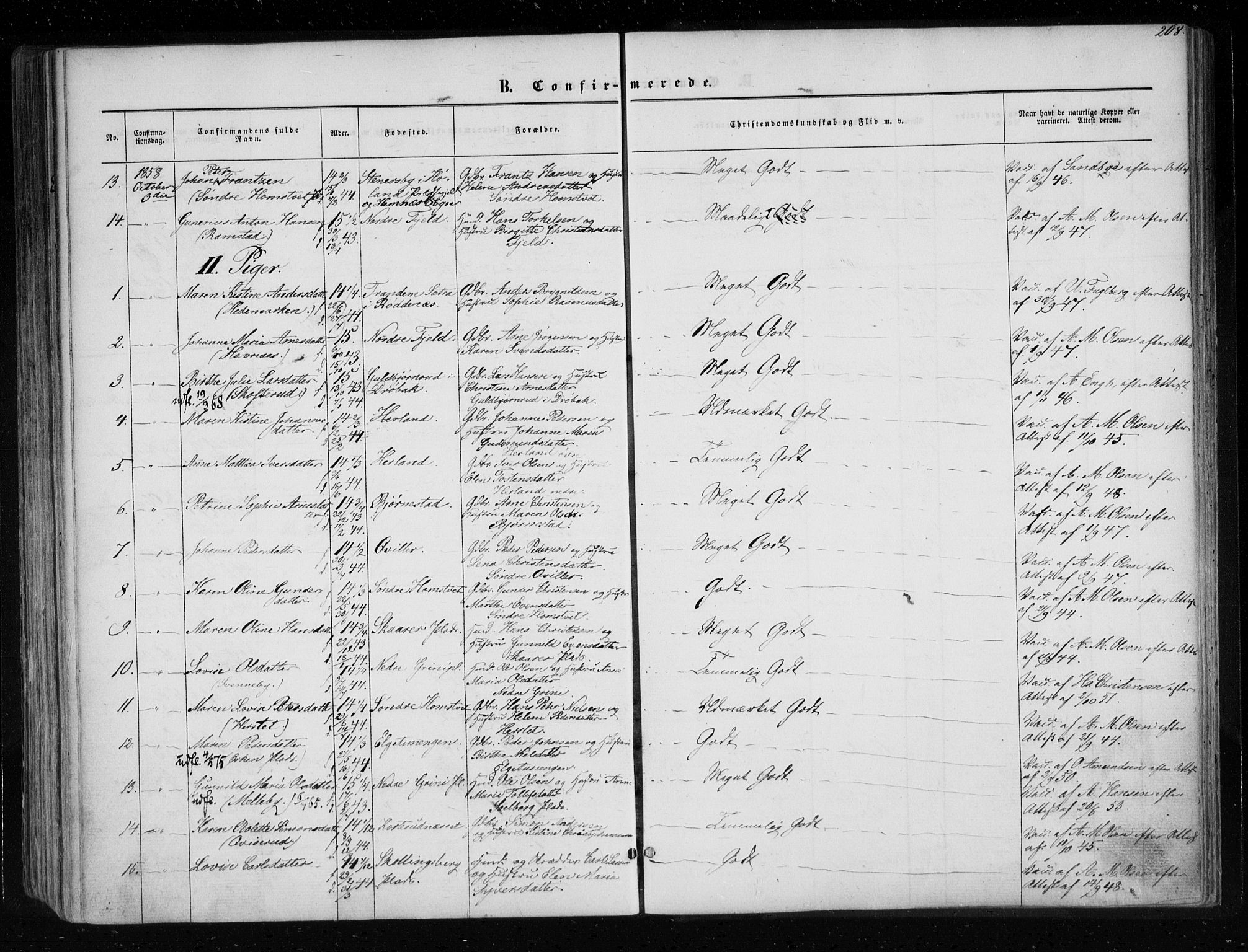 Eidsberg prestekontor Kirkebøker, AV/SAO-A-10905/F/Fa/L0010.a: Parish register (official) no. I 10A, 1857-1866, p. 208