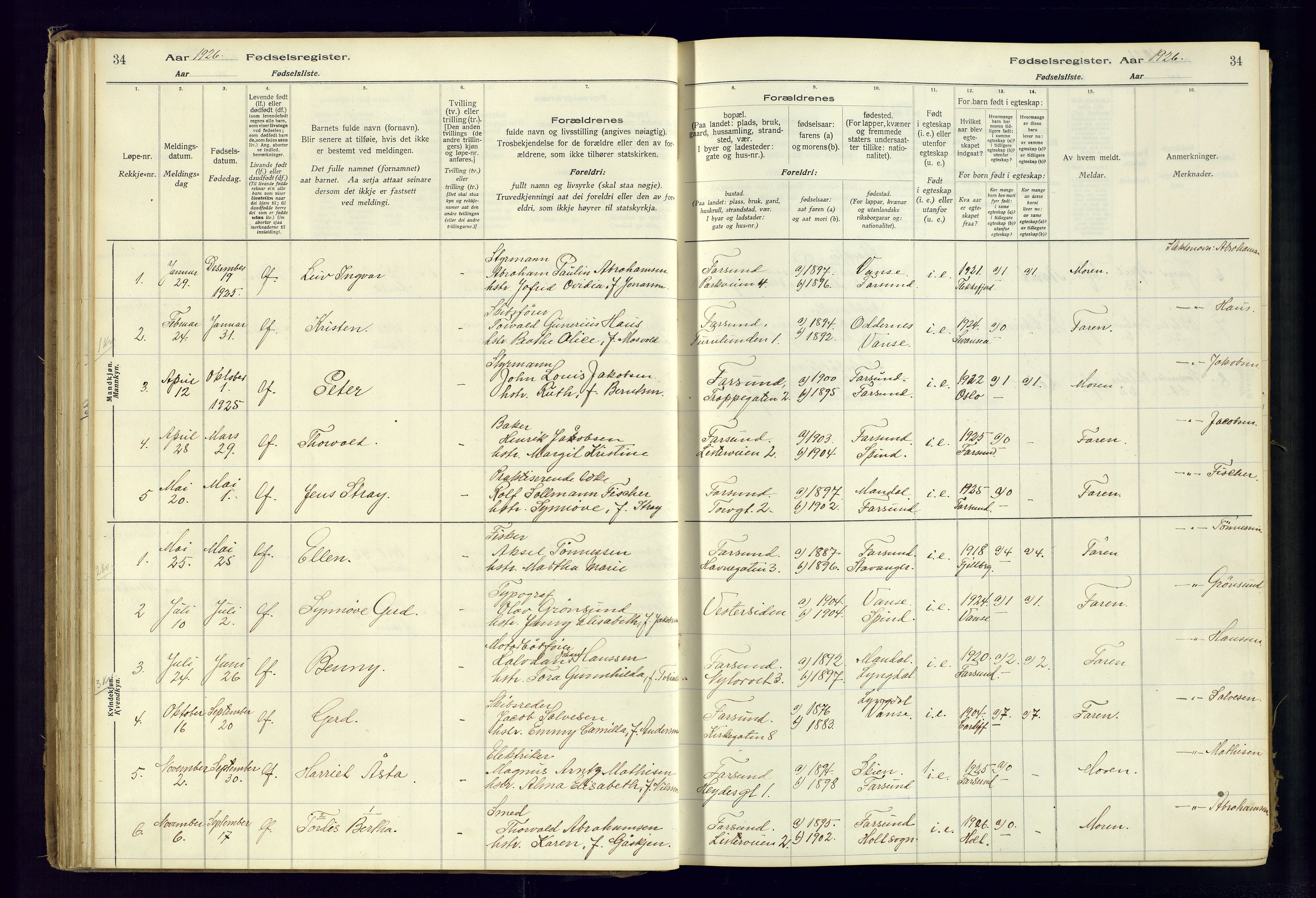 Farsund sokneprestkontor, SAK/1111-0009/J/Ja/L0001: Birth register no. A-VI-8, 1916-1950, p. 34