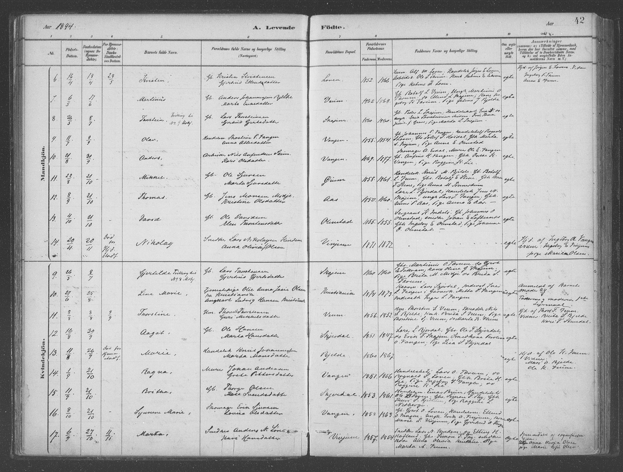 Aurland sokneprestembete, AV/SAB-A-99937/H/Ha/Hab/L0001: Parish register (official) no. B  1, 1880-1909, p. 42