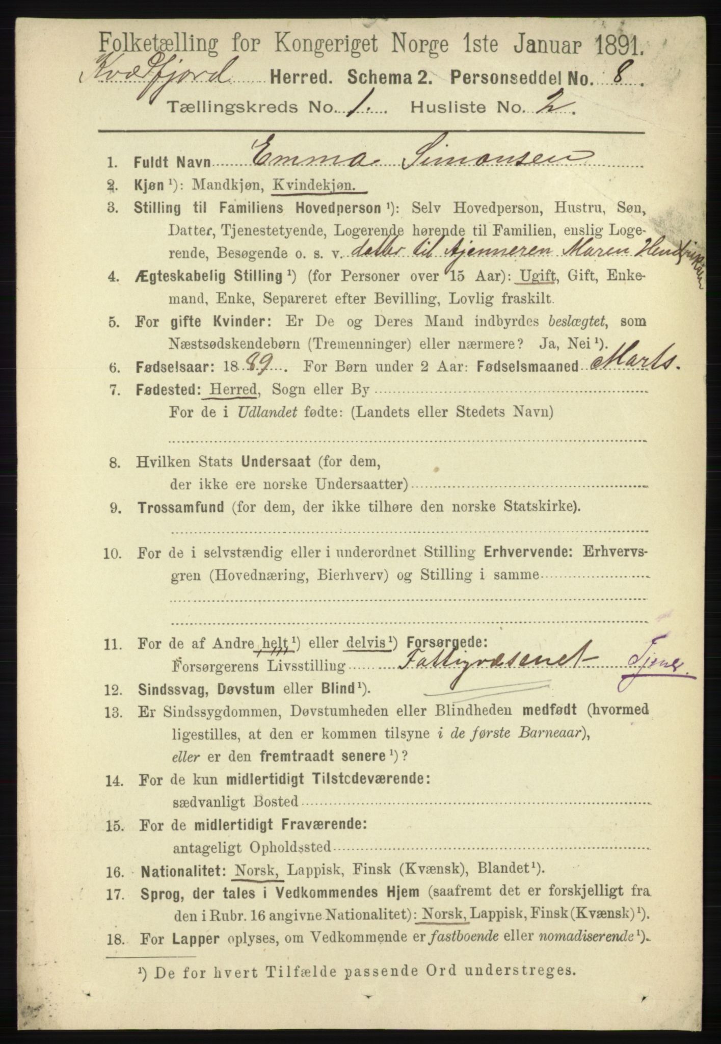 RA, 1891 census for 1911 Kvæfjord, 1891, p. 107