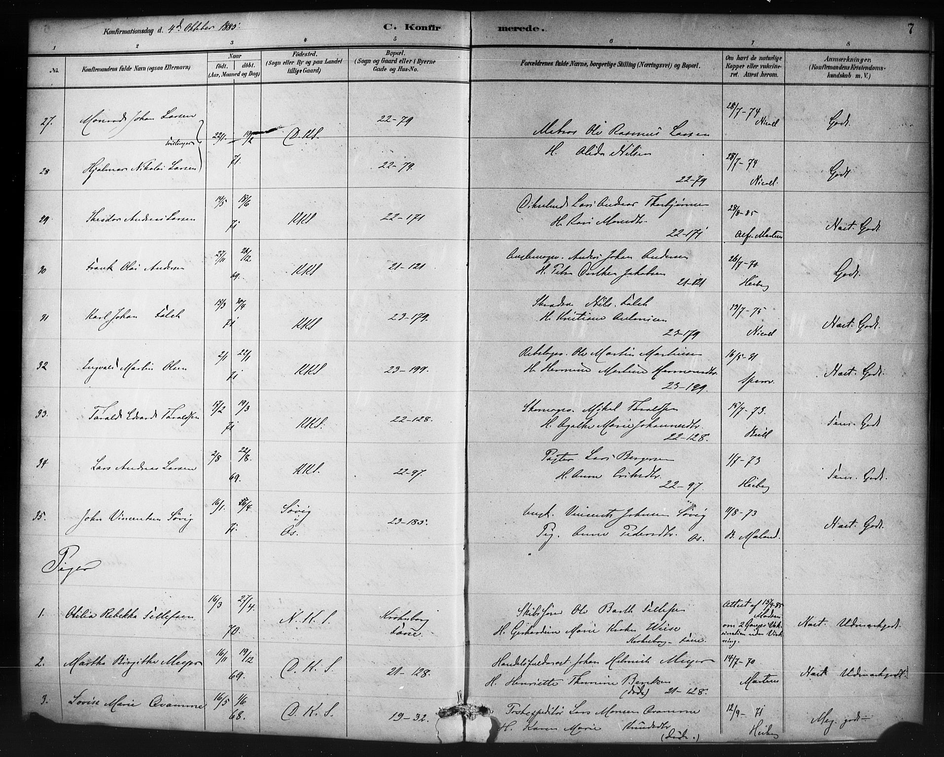 Korskirken sokneprestembete, SAB/A-76101/H/Haa/L0071: Curate's parish register no. A 6, 1885-1912, p. 7