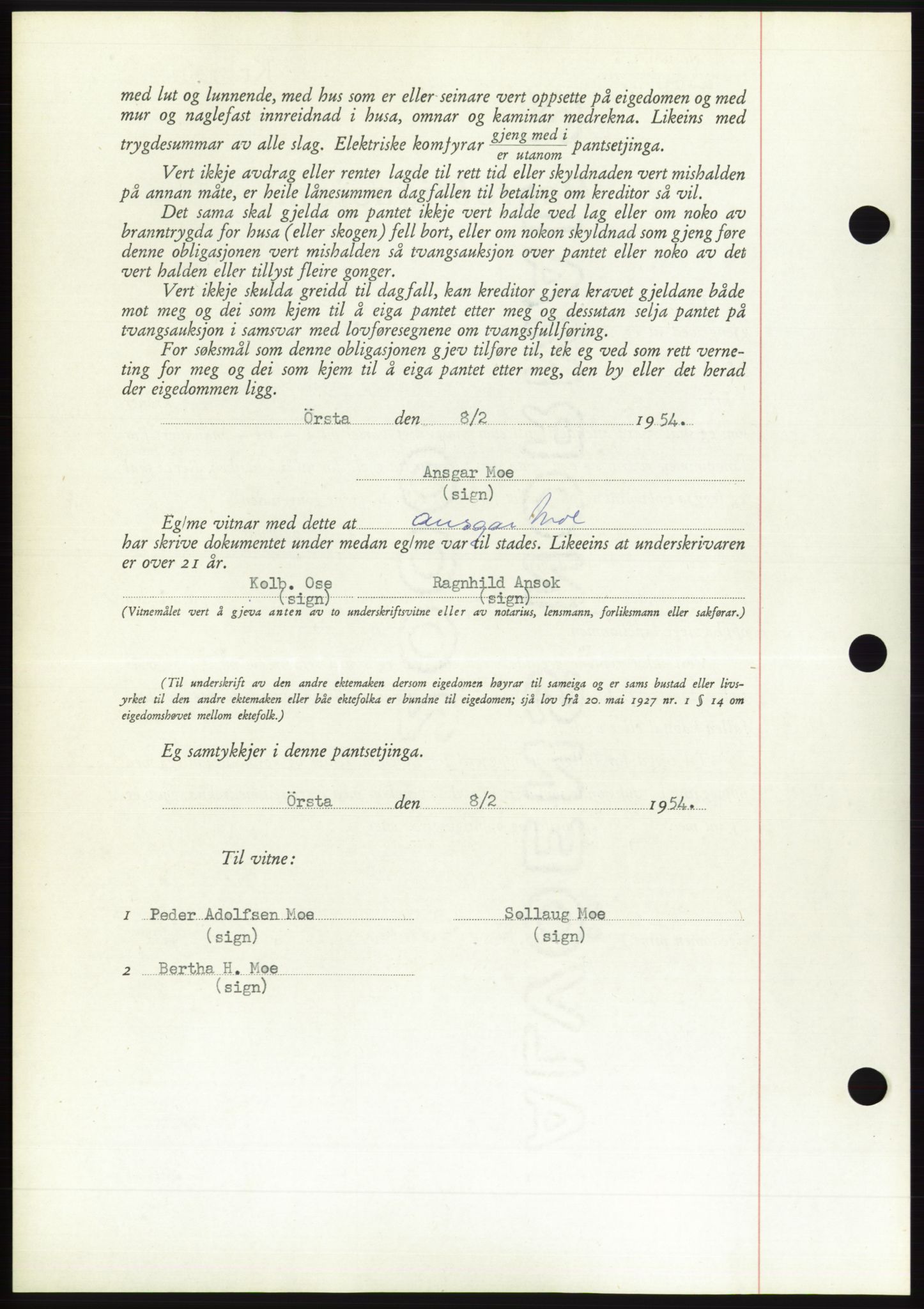 Søre Sunnmøre sorenskriveri, AV/SAT-A-4122/1/2/2C/L0124: Mortgage book no. 12B, 1953-1954, Diary no: : 487/1954