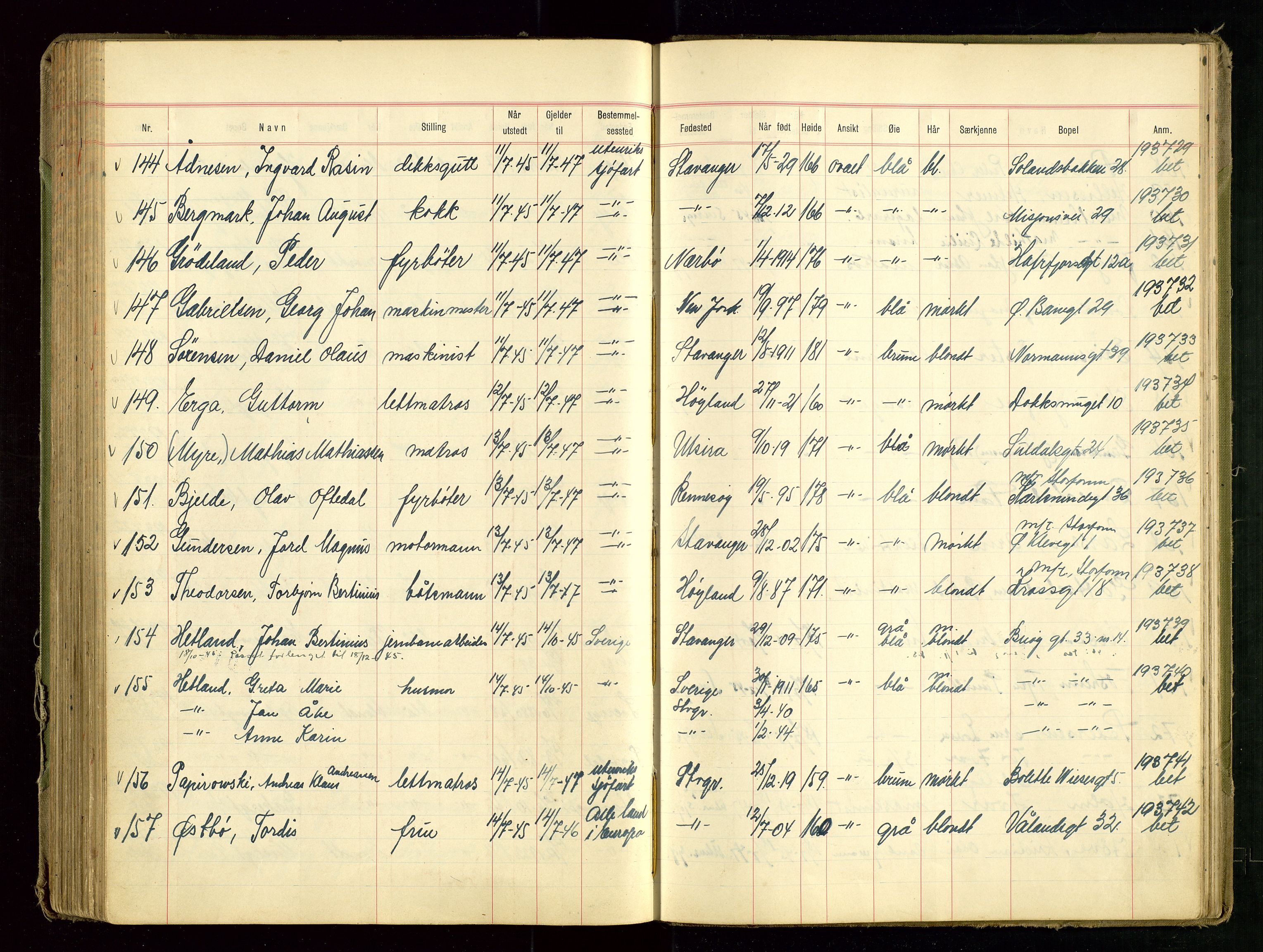 Stavanger politikammer, AV/SAST-A-100361/001/H/Hc/Hcd/Hcdb/L0002: "Pass-protokoll", 1939-1945, p. 165
