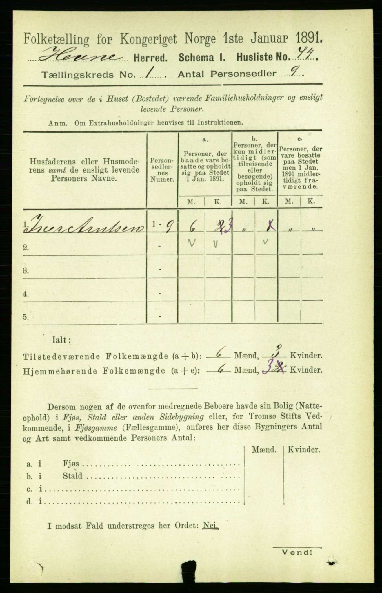 RA, 1891 census for 1612 Hemne, 1891, p. 110