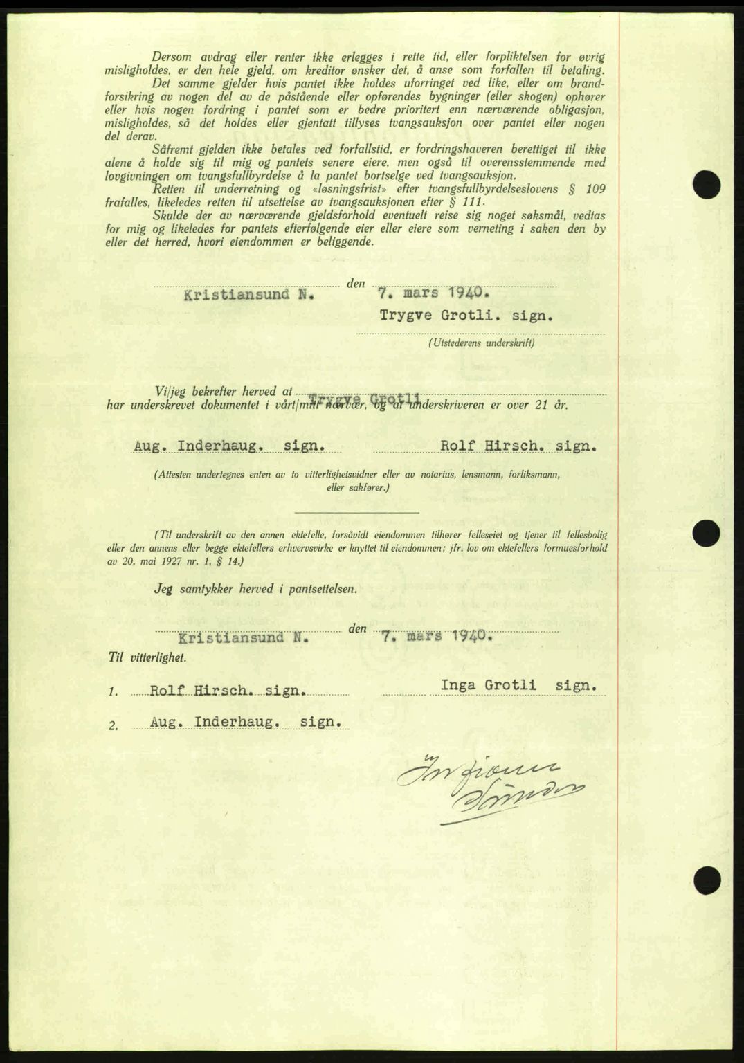 Kristiansund byfogd, AV/SAT-A-4587/A/27: Mortgage book no. 33, 1939-1941, Diary no: : 138/1940