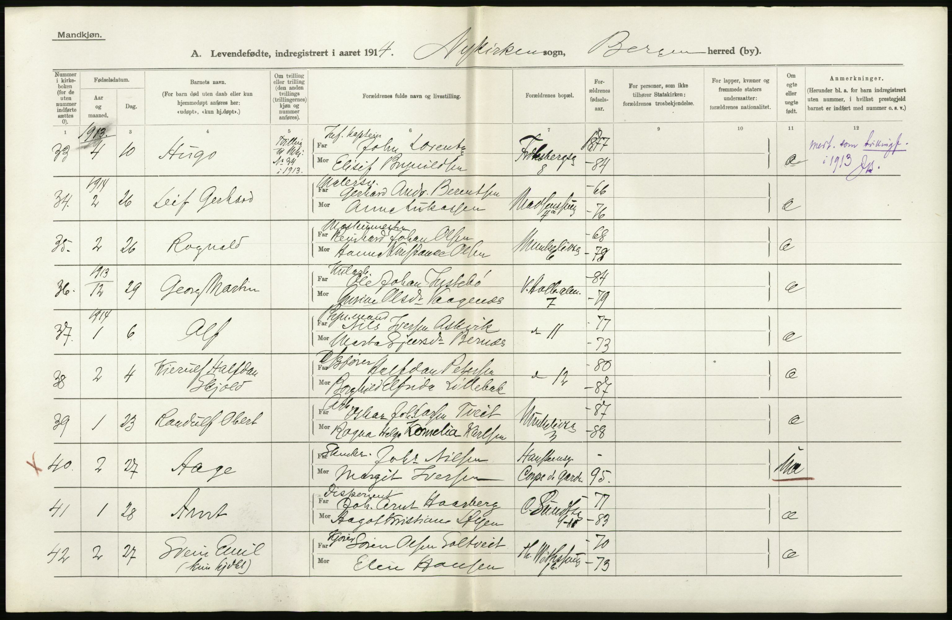 Statistisk sentralbyrå, Sosiodemografiske emner, Befolkning, AV/RA-S-2228/D/Df/Dfb/Dfbd/L0030: Bergen: Levendefødte menn og kvinner., 1914, p. 10