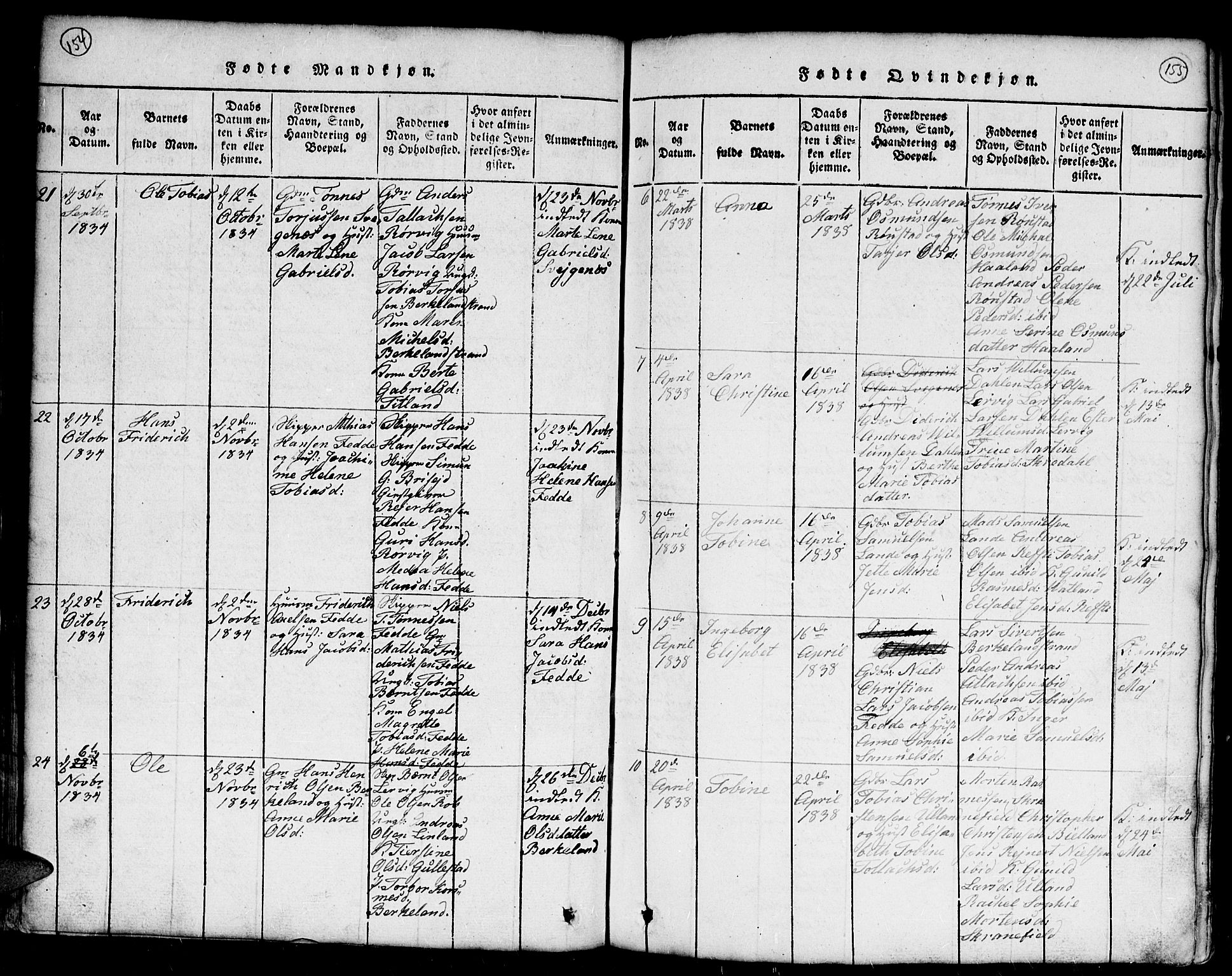 Kvinesdal sokneprestkontor, SAK/1111-0026/F/Fb/Fba/L0001: Parish register (copy) no. B 1, 1815-1839, p. 154-155