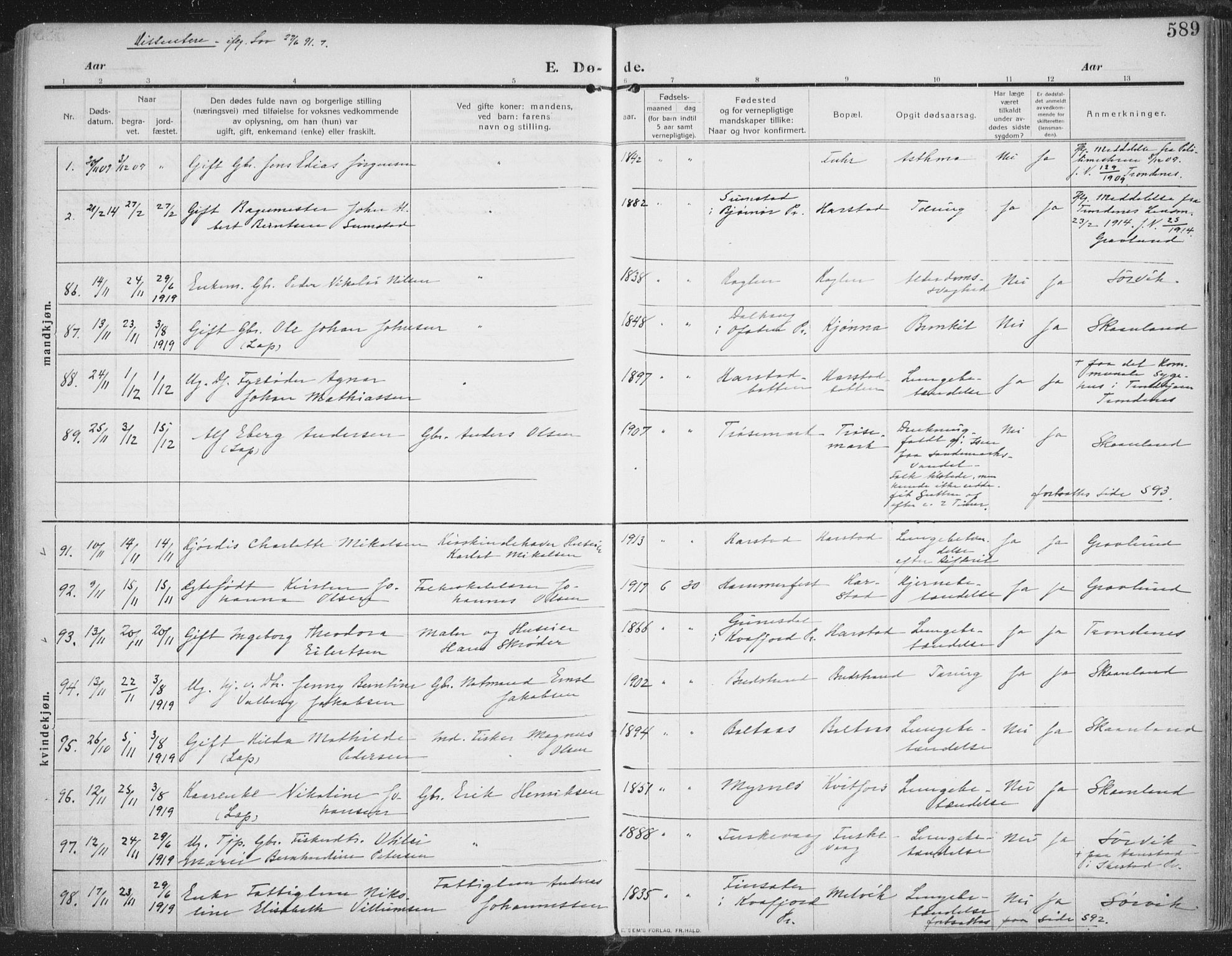 Trondenes sokneprestkontor, SATØ/S-1319/H/Ha/L0018kirke: Parish register (official) no. 18, 1909-1918, p. 589