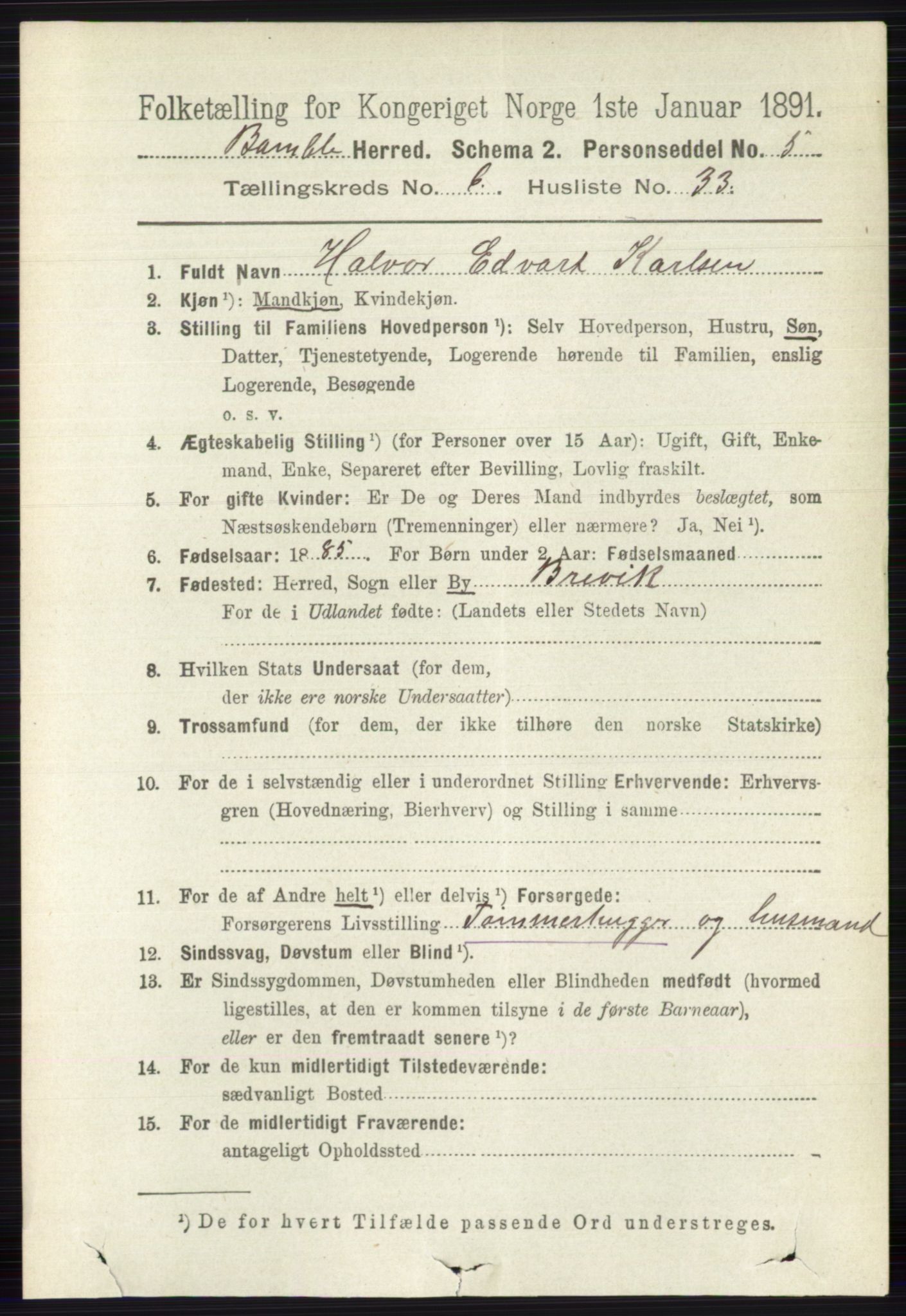 RA, 1891 census for 0814 Bamble, 1891, p. 2888