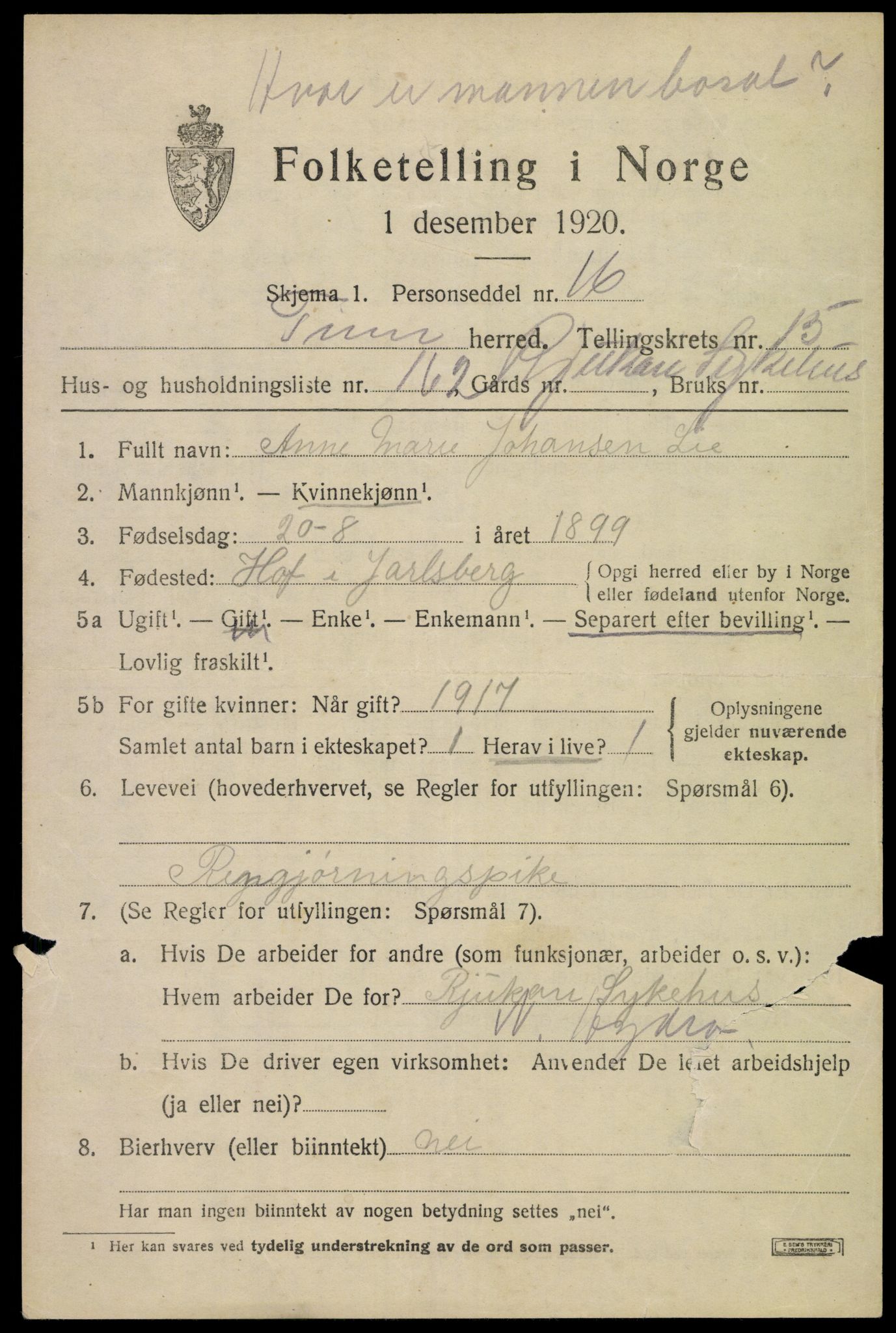 SAKO, 1920 census for Tinn, 1920, p. 16248