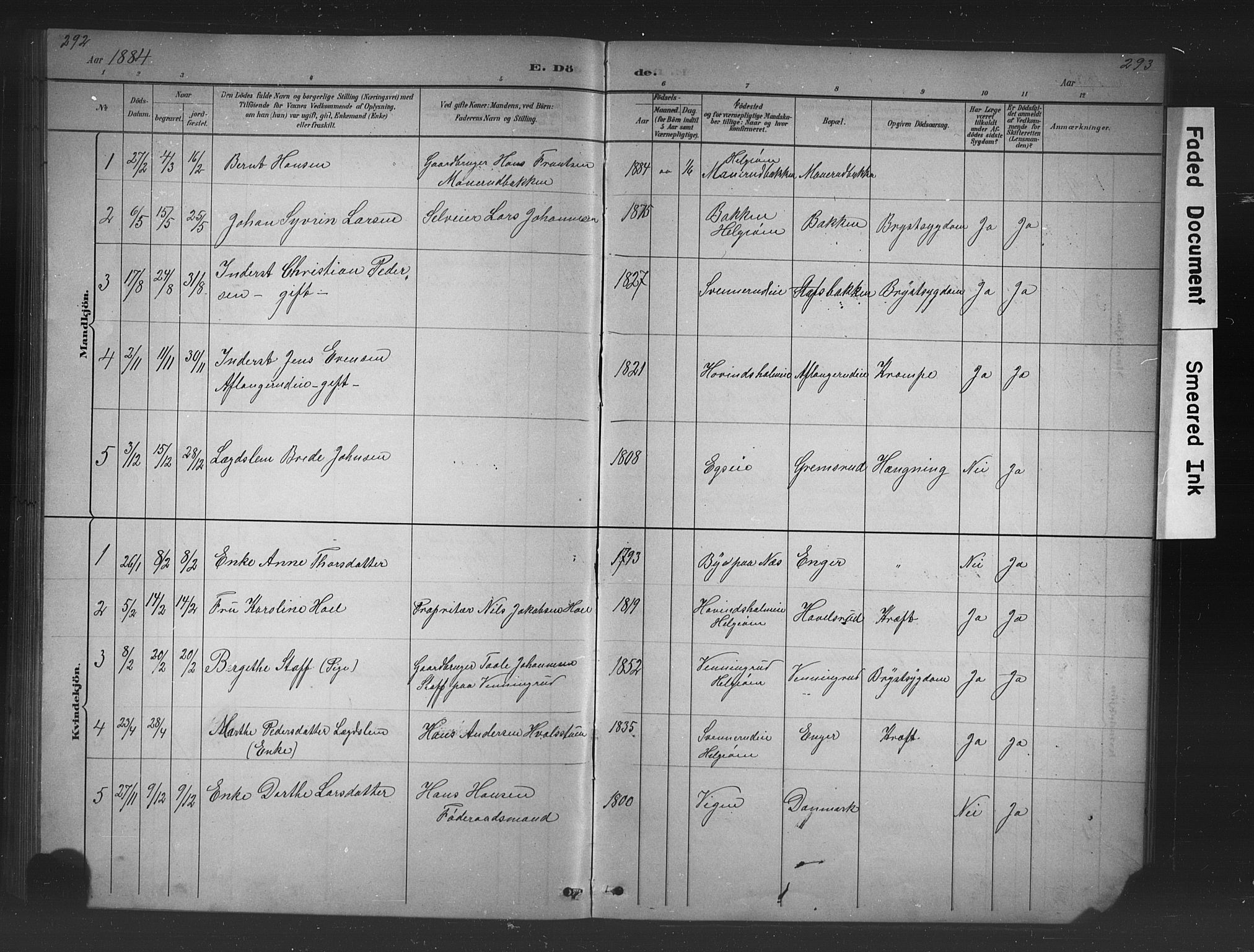 Nes prestekontor, Hedmark, AV/SAH-PREST-020/L/La/L0016: Parish register (copy) no. 16, 1883-1900, p. 292-293