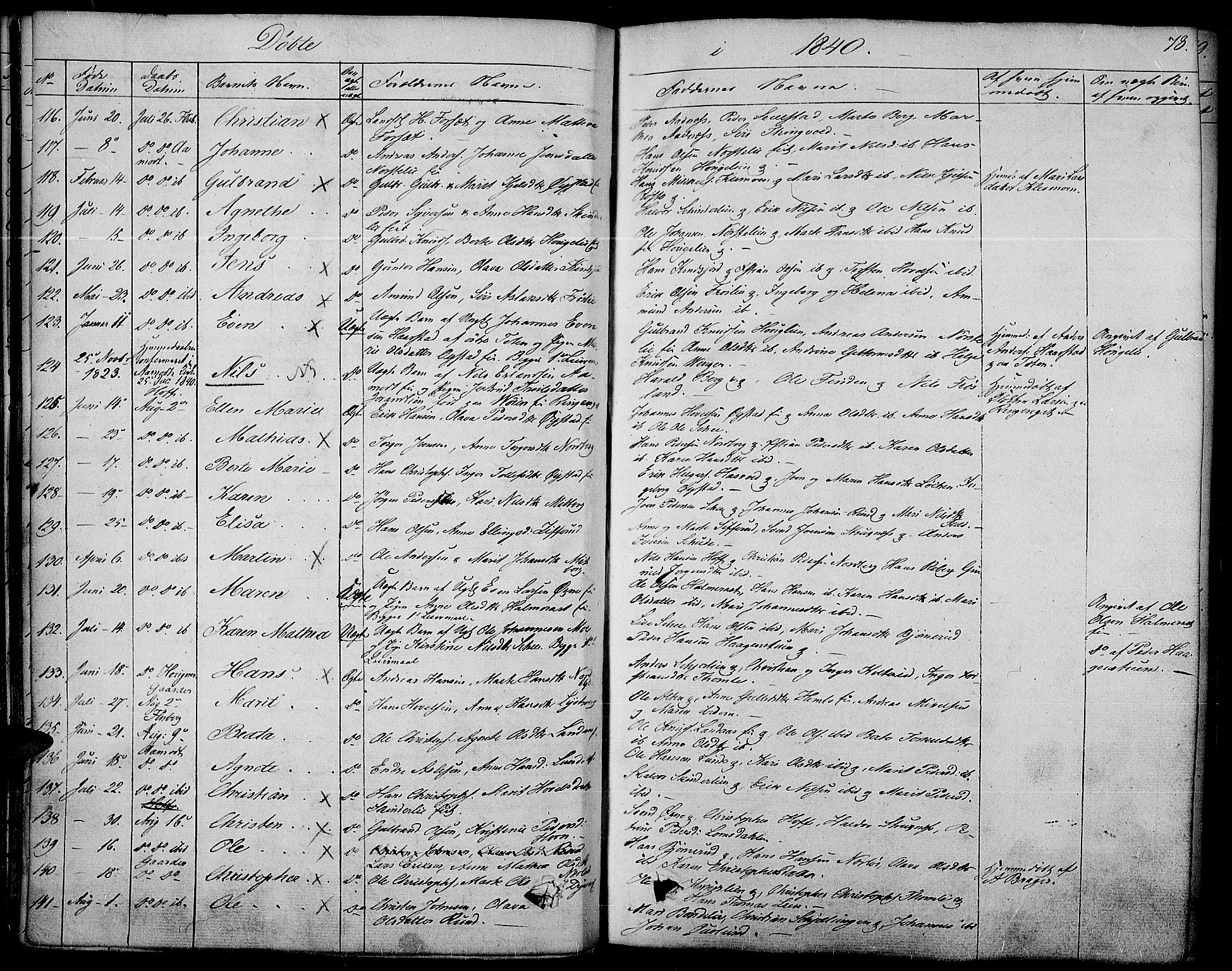 Land prestekontor, SAH/PREST-120/H/Ha/Haa/L0008: Parish register (official) no. 8, 1830-1846, p. 78