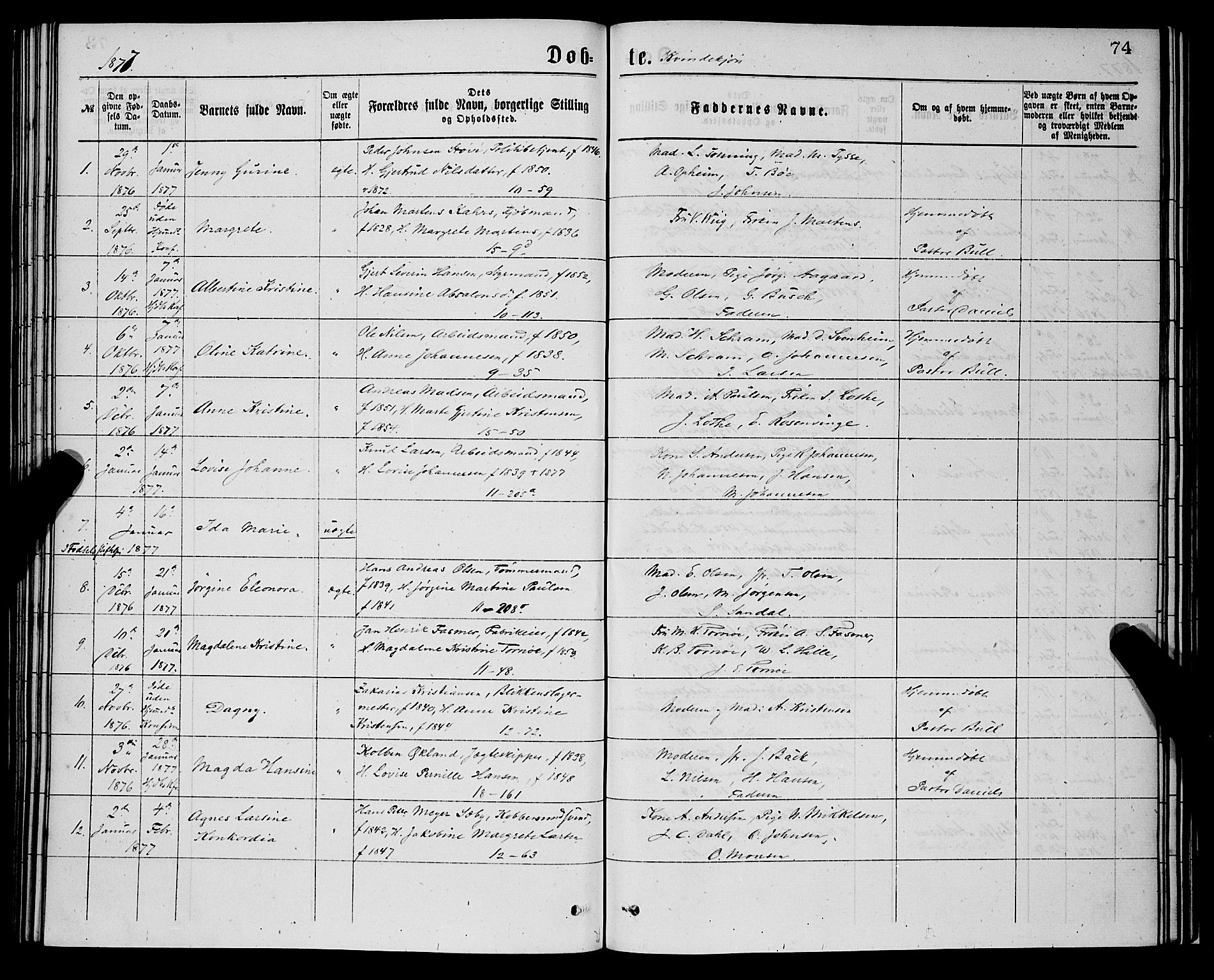 Domkirken sokneprestembete, SAB/A-74801/H/Hab/L0014: Parish register (copy) no. B 7, 1877-1878, p. 74