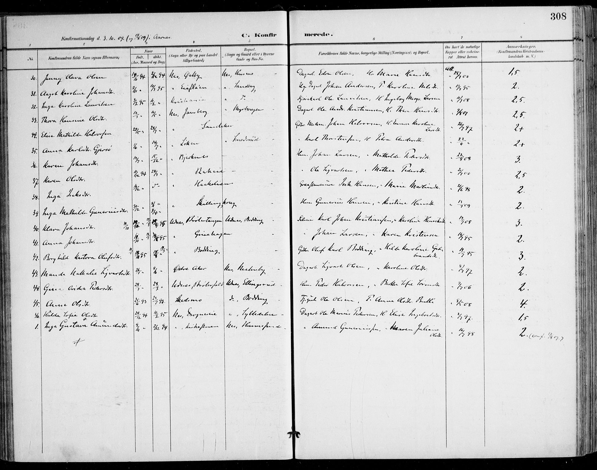 Nes prestekontor Kirkebøker, AV/SAO-A-10410/F/Fa/L0011: Parish register (official) no. I 11, 1899-1918, p. 308