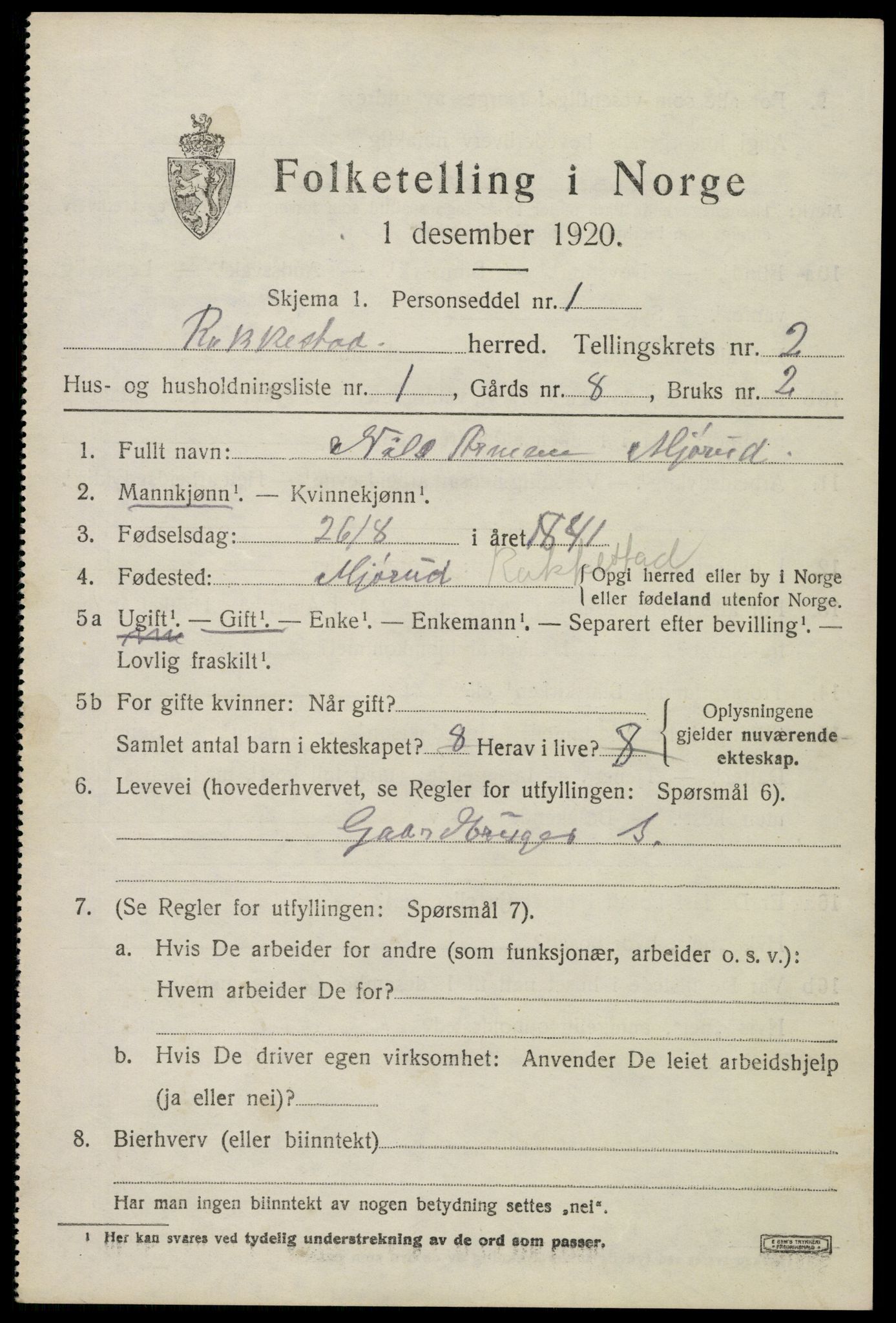 SAO, 1920 census for Rakkestad, 1920, p. 3375