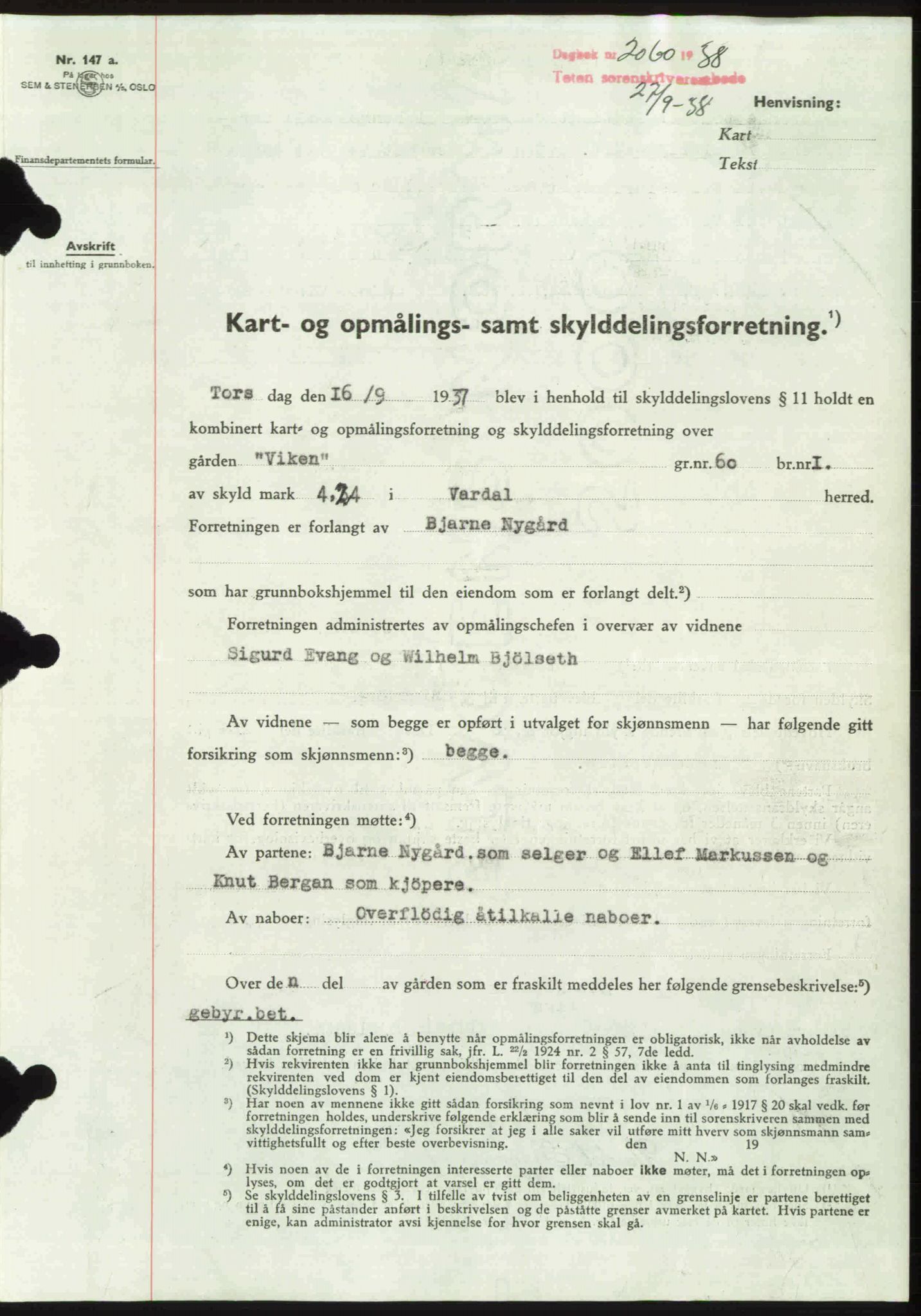 Toten tingrett, SAH/TING-006/H/Hb/Hbc/L0004: Mortgage book no. Hbc-04, 1938-1938, Diary no: : 2060/1938