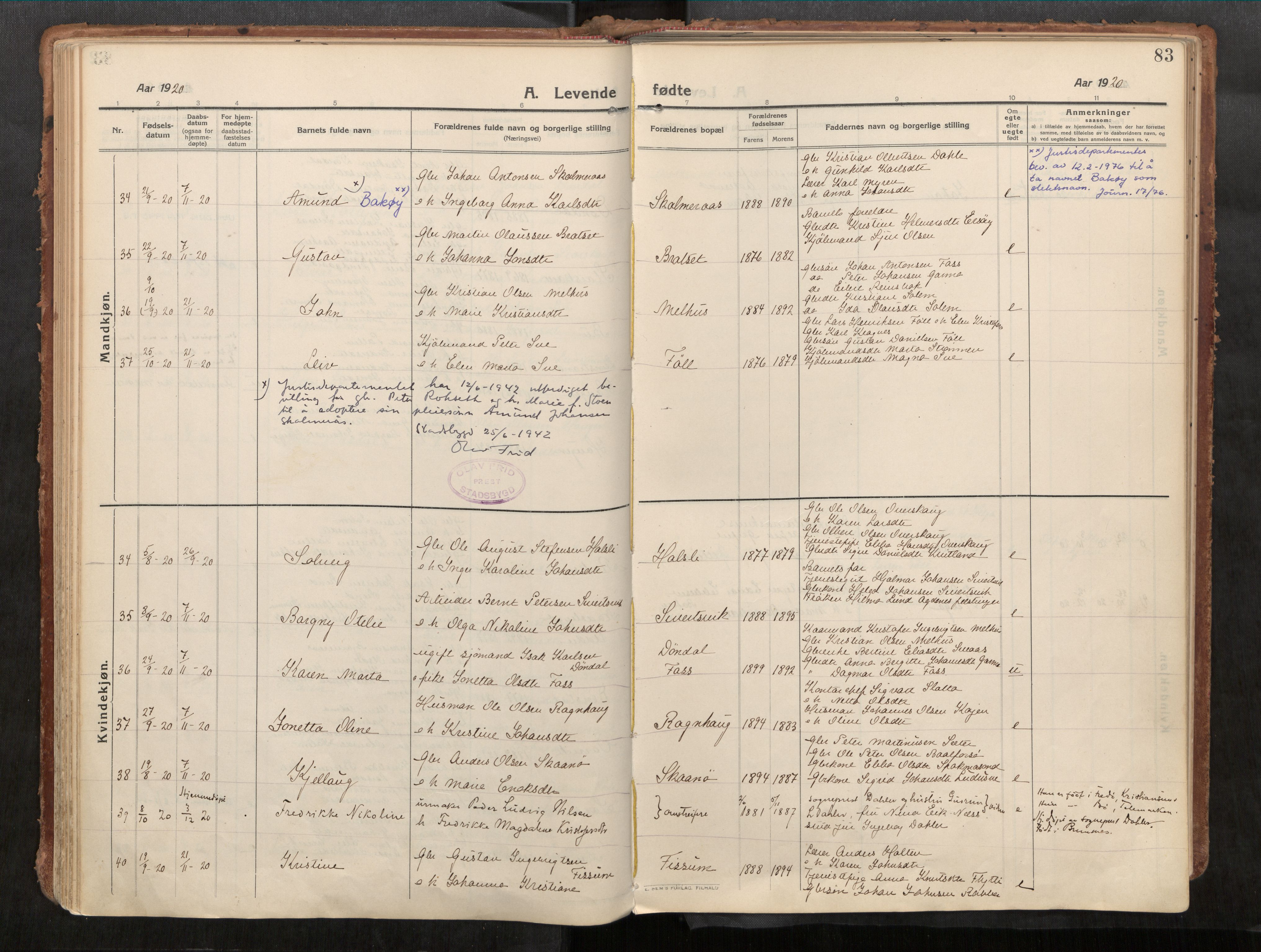 Stadsbygd sokneprestkontor, AV/SAT-A-1117/1/I/I1/I1a/L0001: Parish register (official) no. 1, 1911-1929, p. 83