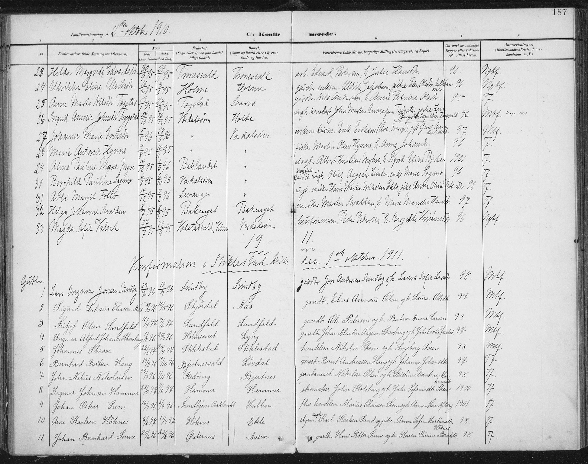 Ministerialprotokoller, klokkerbøker og fødselsregistre - Nord-Trøndelag, SAT/A-1458/723/L0246: Parish register (official) no. 723A15, 1900-1917, p. 187