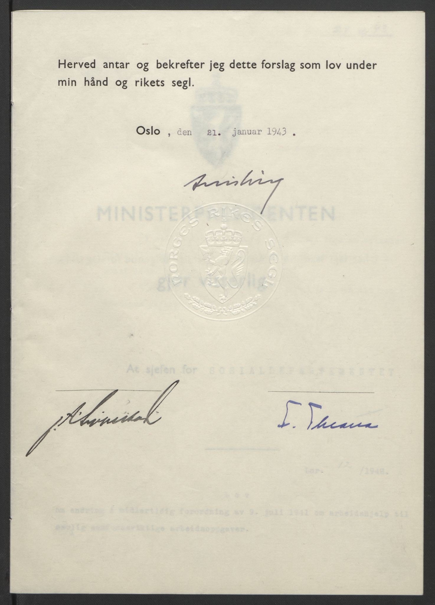 NS-administrasjonen 1940-1945 (Statsrådsekretariatet, de kommisariske statsråder mm), AV/RA-S-4279/D/Db/L0099: Lover, 1943, p. 51