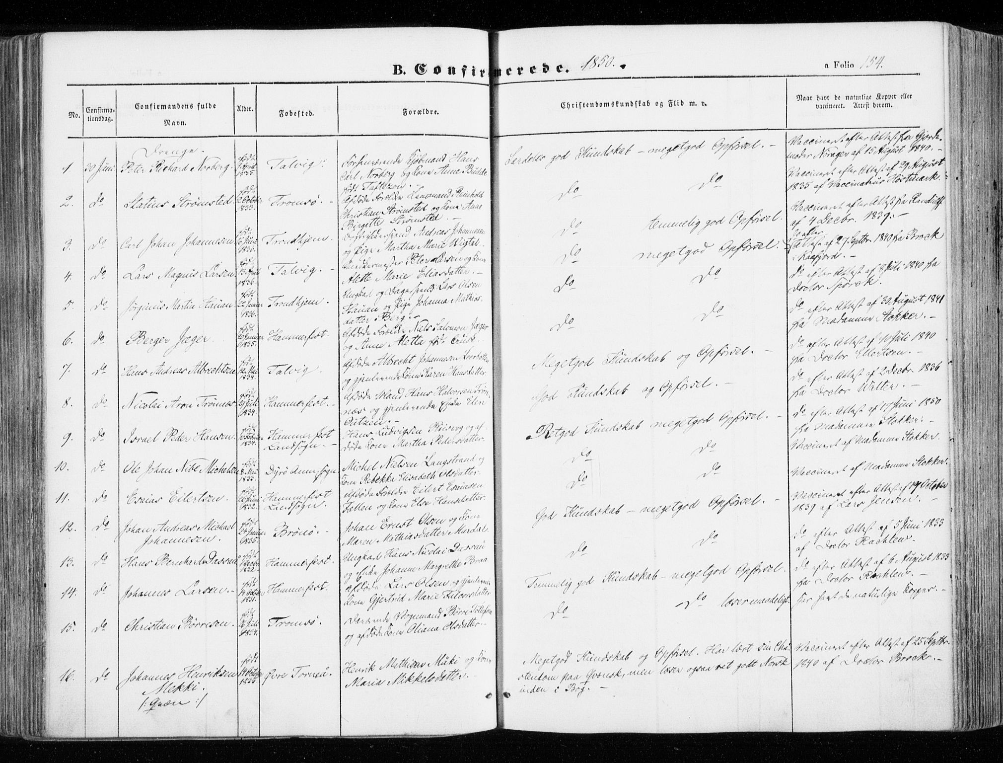 Hammerfest sokneprestkontor, SATØ/S-1347/H/Ha/L0004.kirke: Parish register (official) no. 4, 1843-1856, p. 154