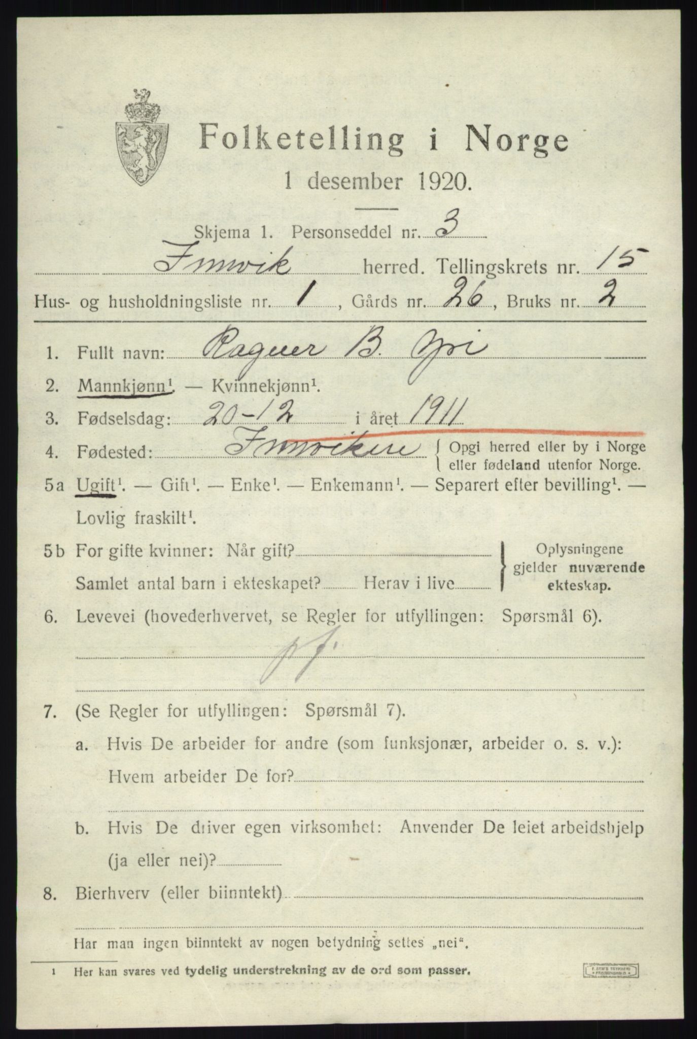 SAB, 1920 census for Innvik, 1920, p. 6117