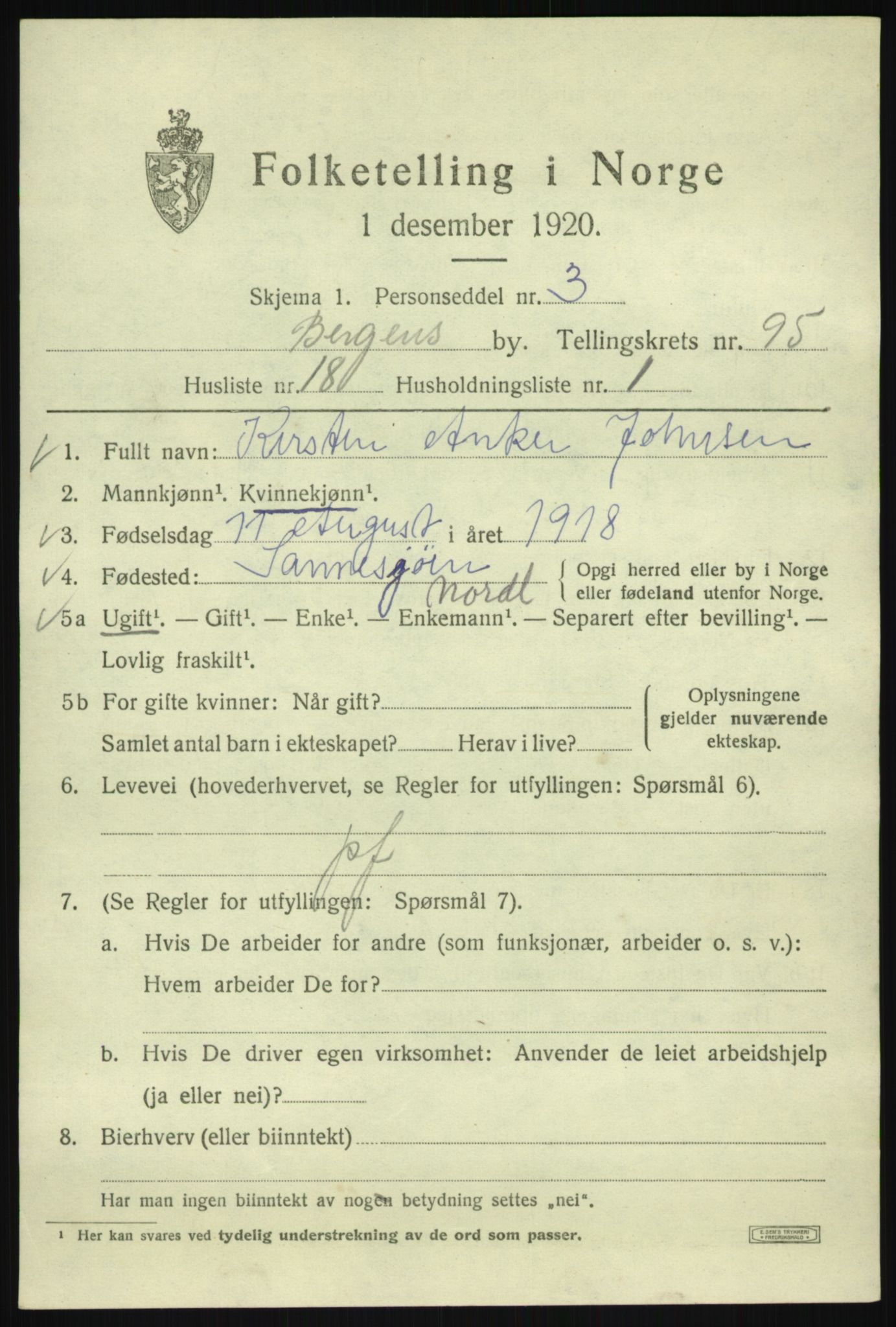 SAB, 1920 census for Bergen, 1920, p. 169557